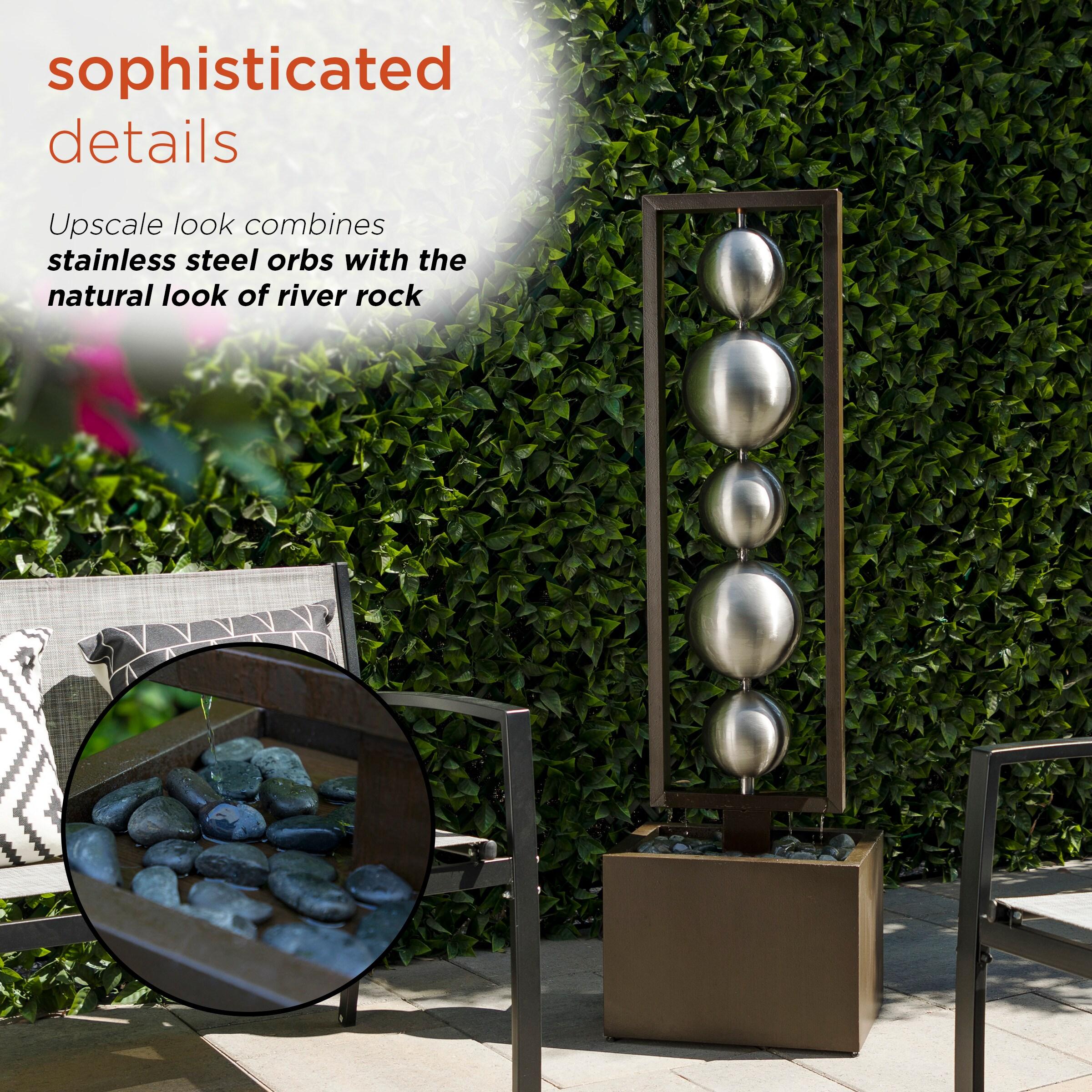 55" Metal Modern Column Fountain with Stainless Steel Orbs Silver/Brown - Alpine Corporation: Electric-Powered