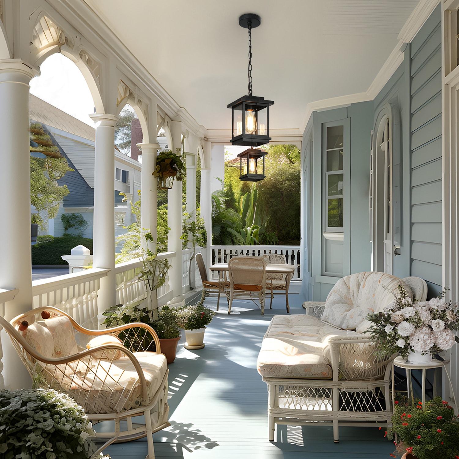 LNC 8" Square Cage Modern Outdoor Pendant Lamp Matte Black: Weather-Resistant, Glass Shade, E26