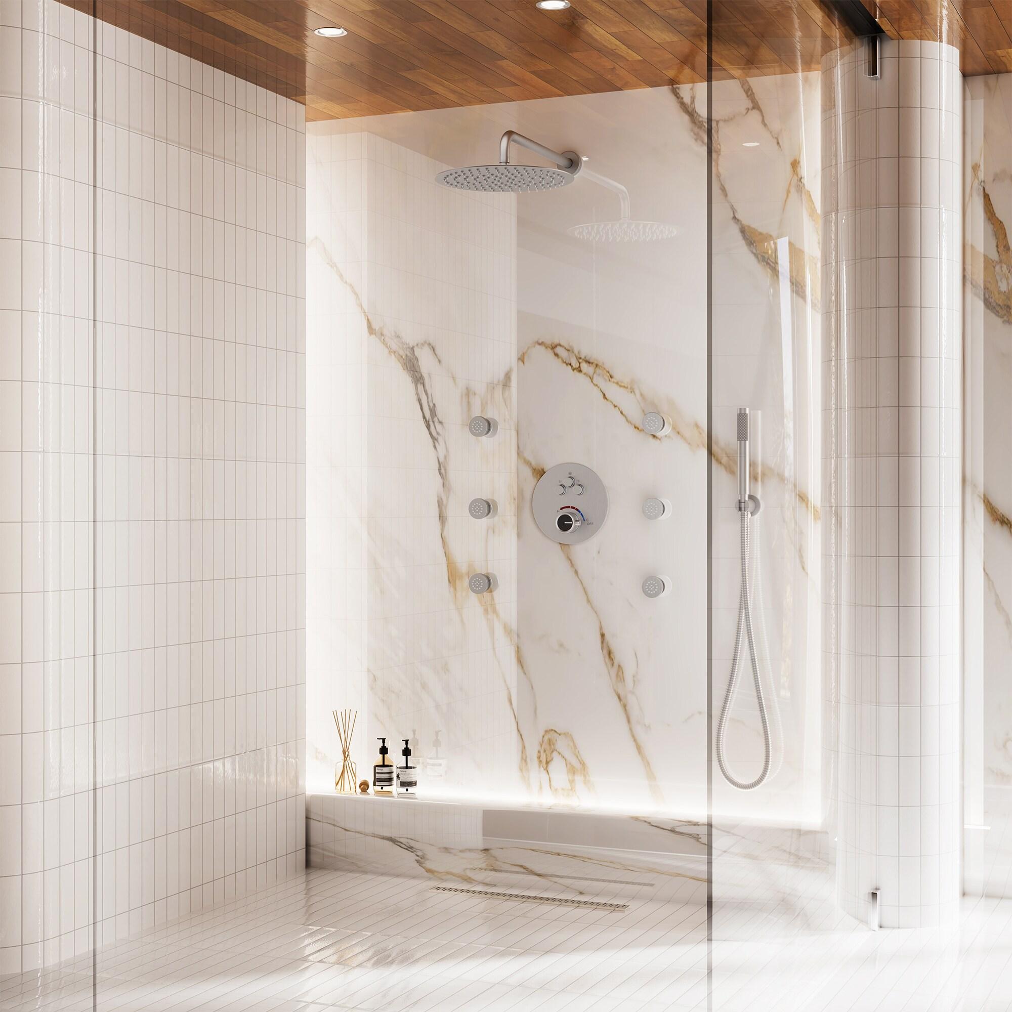 Wall Mounted Thermostatic Complete Rainfall Shower System with 6 Body Jets and Rough-in Valve