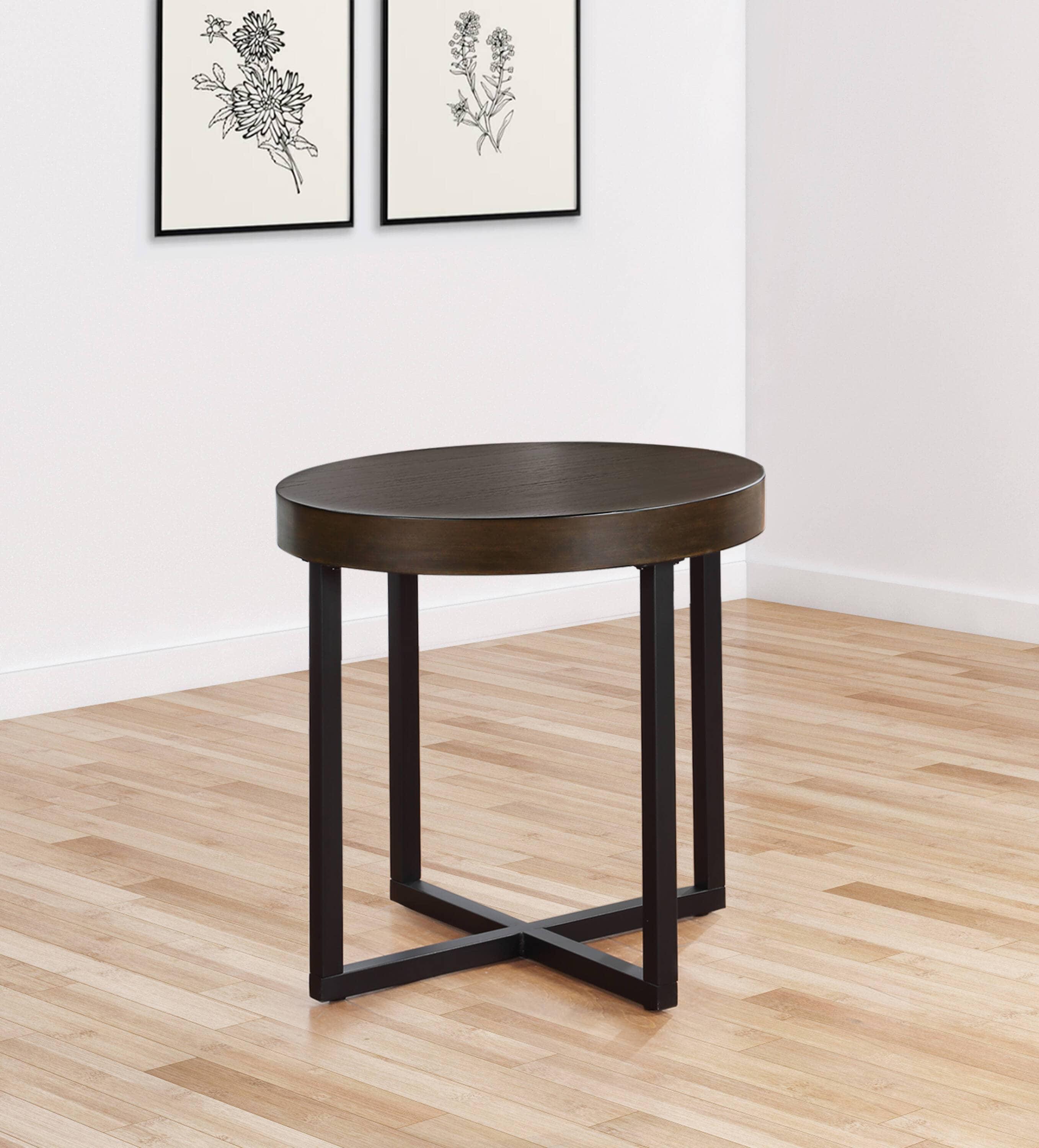 Steve Silver Yukon Rustic Industrial 24" Round Wood End Table, Ebony/Brown