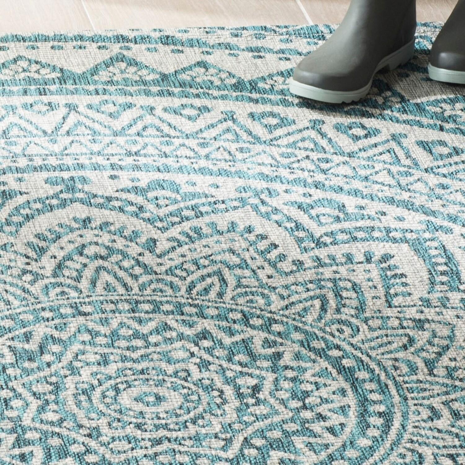 Courtyard CY8734 Power Loomed Indoor and Outdoor Area Rug - Light Grey/Teal - 4'x5'7" - Safavieh