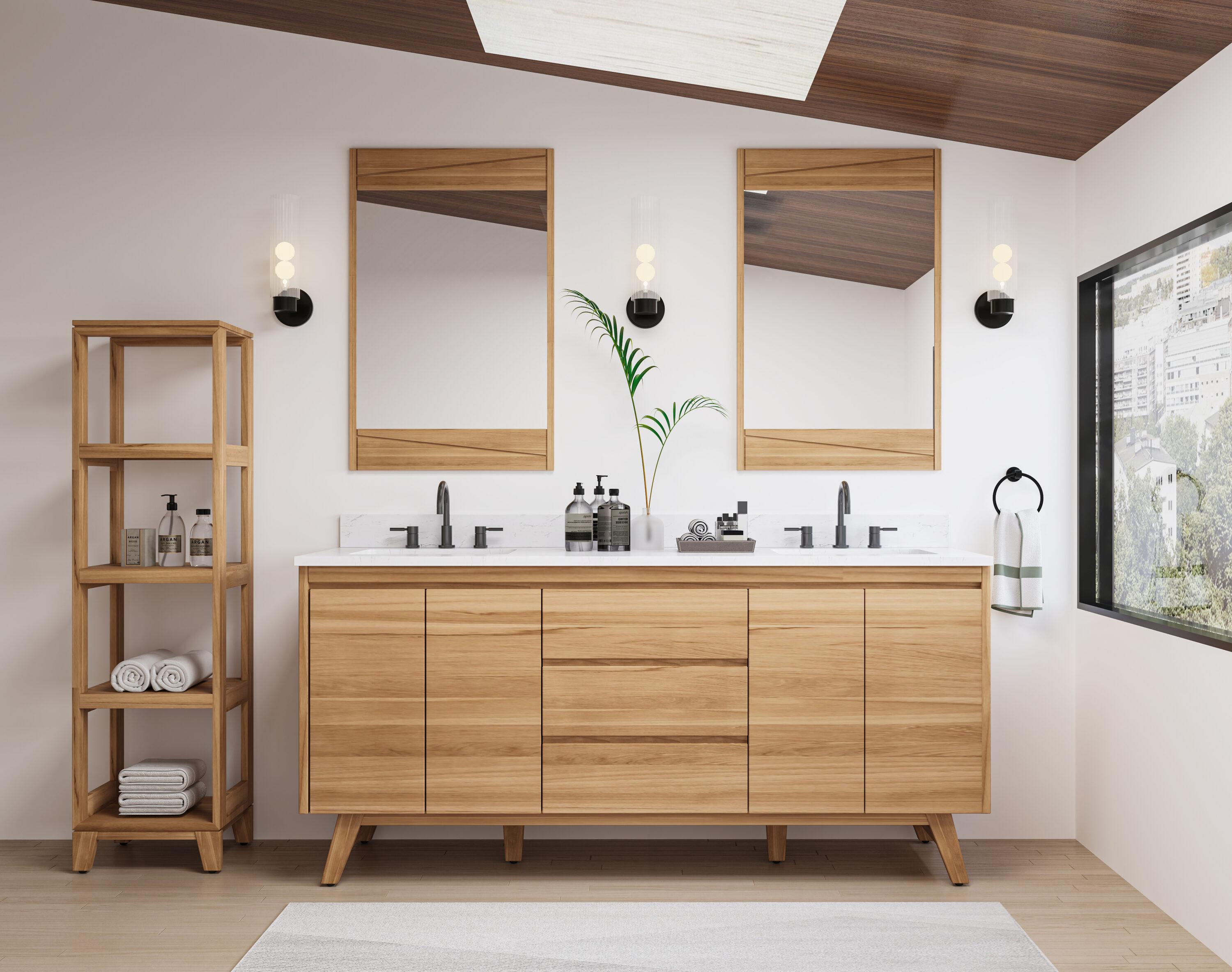 Coventry 73 in. Double Sink Bath Vanity in Natural Teak with Cala White Engineered Stone Top