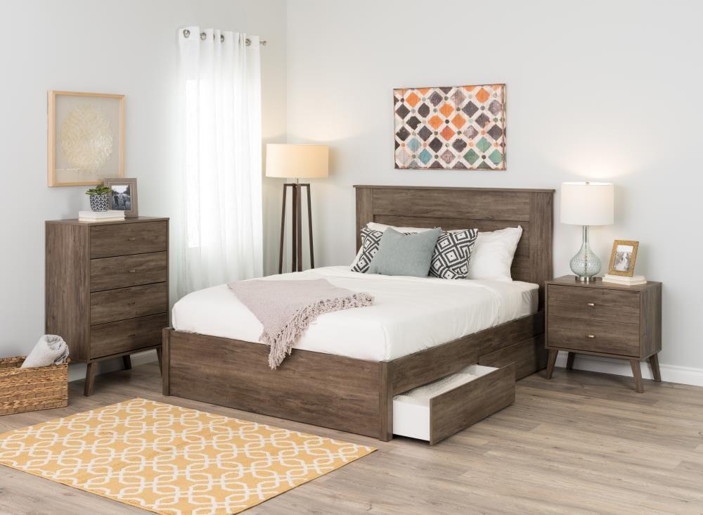 Prepac Mid Century Modern 2 Drawer Wide Nightstand Drifted Gray : Rubberwood Construction, Rectangle Shape, 25" Height