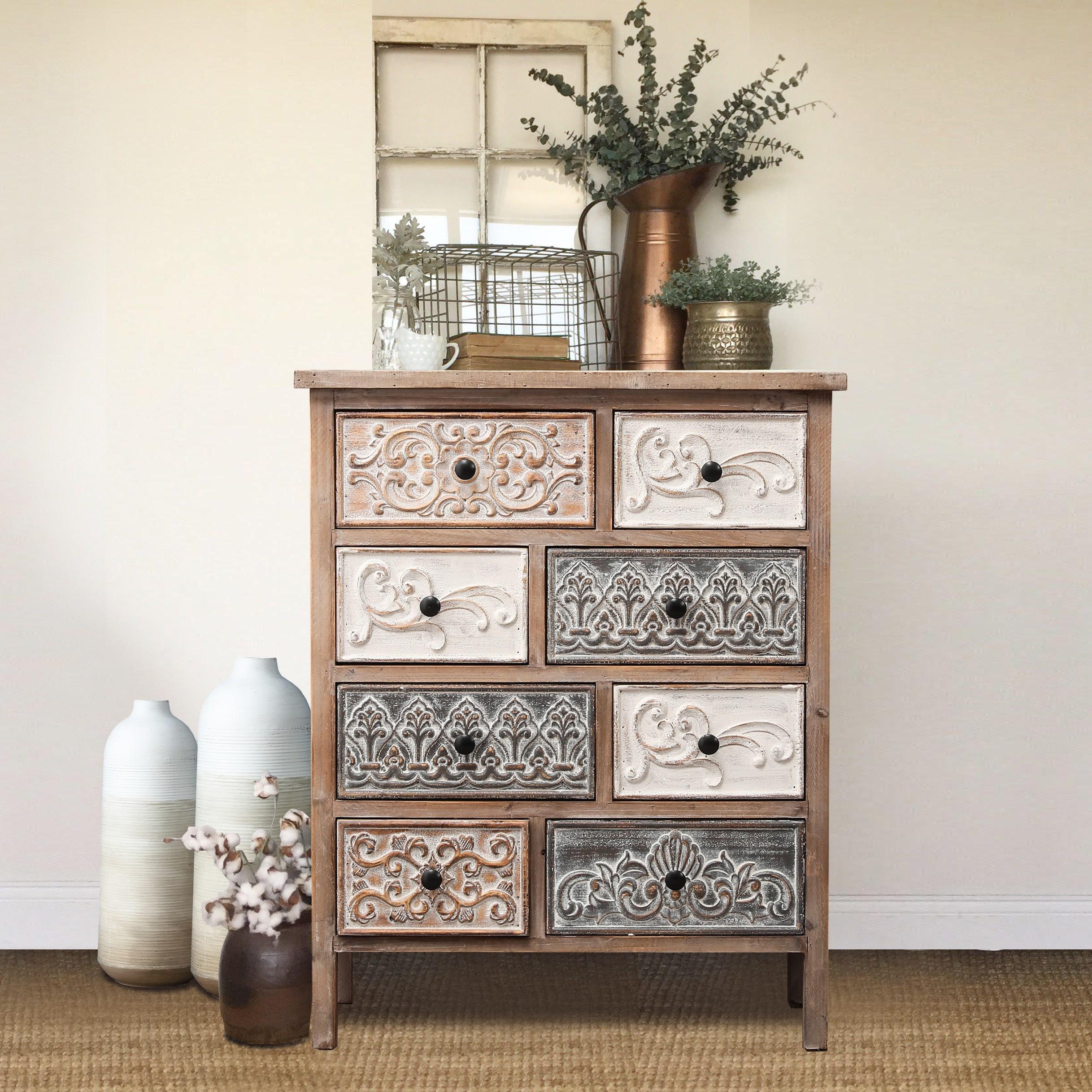 LuxenHome 8-Drawer 32.25" H x 25.75" W Rustic Carved Wood Accent Chest. Brown
