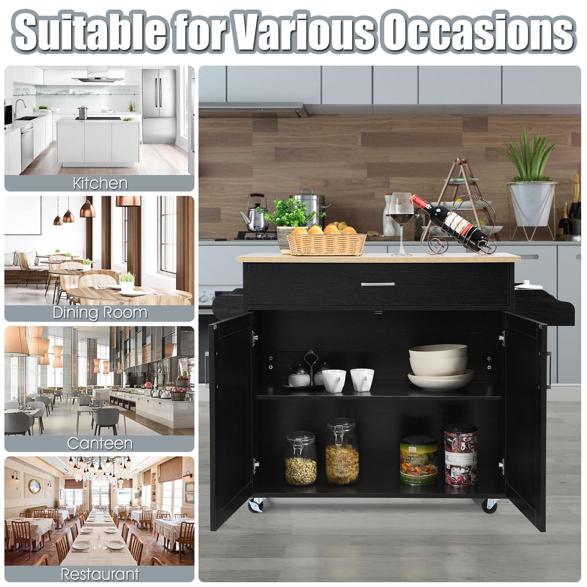Black Fir Wood Rolling Kitchen Cart with Spice Rack and Storage