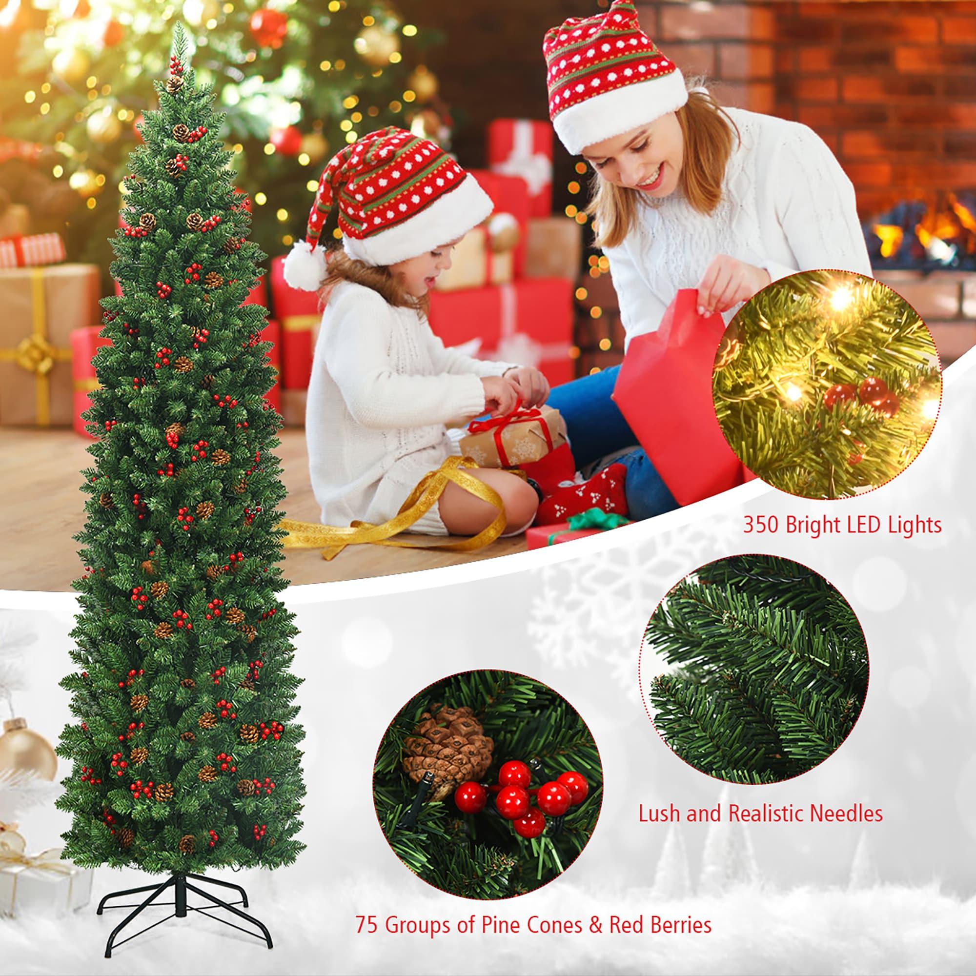 Costway 7.5Ft Pre-lit Hinged Pencil Christmas Tree w/Pine Cones Red Berries & 350 Lights