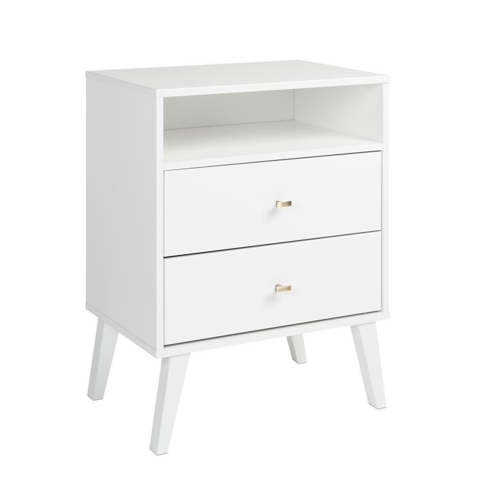 Mid Century Modern 2 Drawer Tall Nightstand with Shelf White - Prepac: Wood Laminate, Includes Anti-Tip Hardware