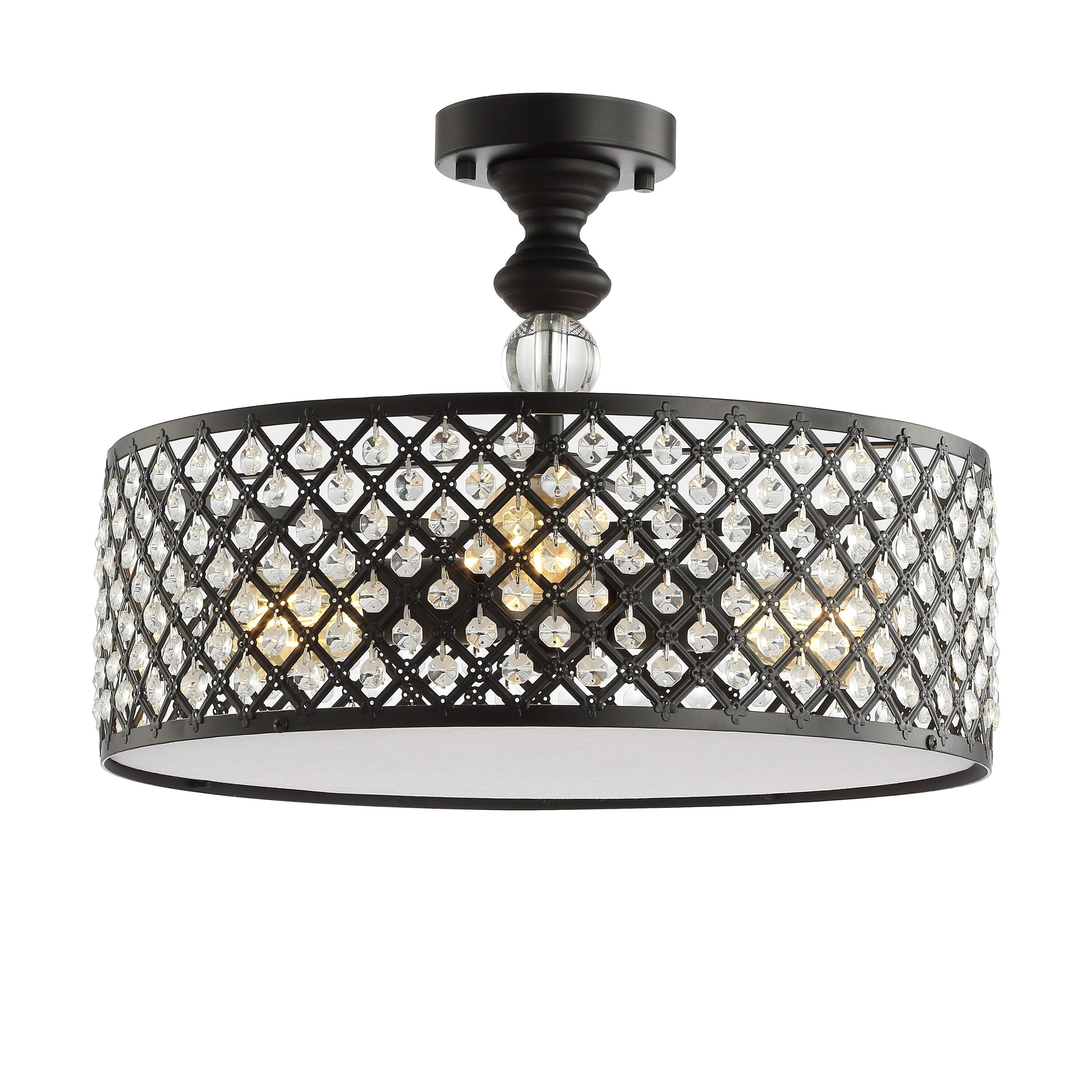 Elise 17" 3-Light Crystal/Metal Drum Semi-Flush Mount, Black