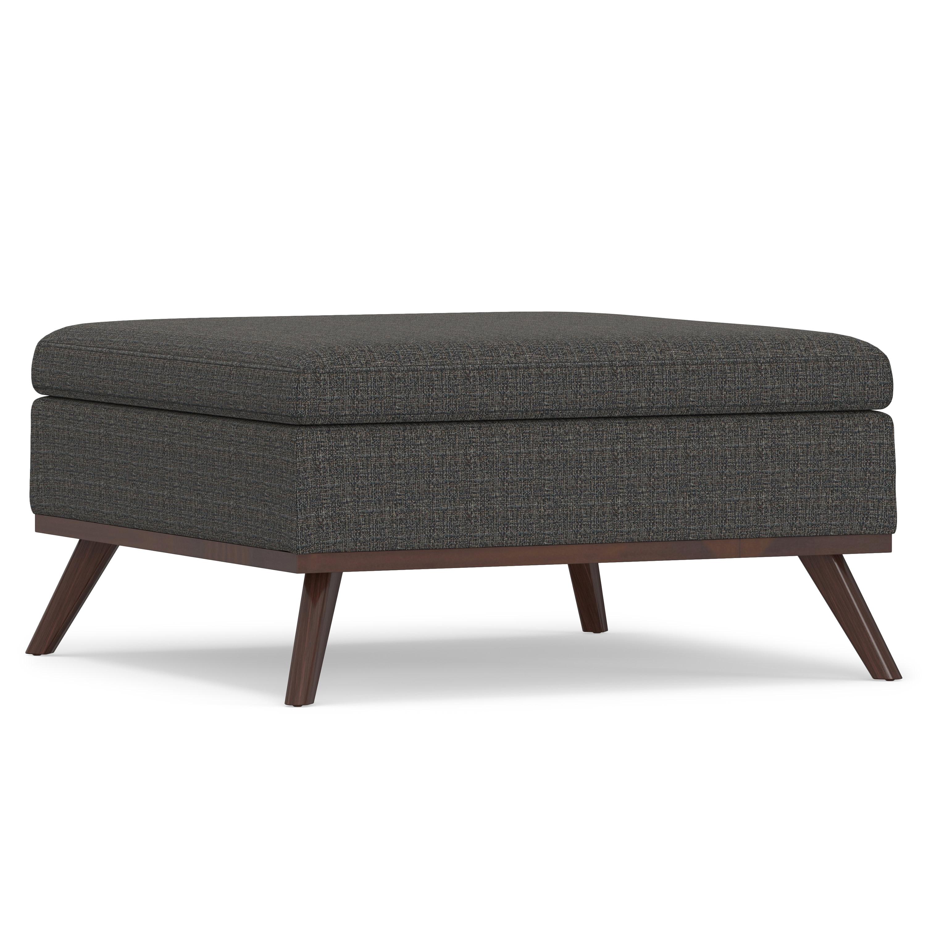 Simpli Home Owen 36"W Upholstered Square Coffee Table Storage Ottoman with Lift Top and Solid Wood Legs