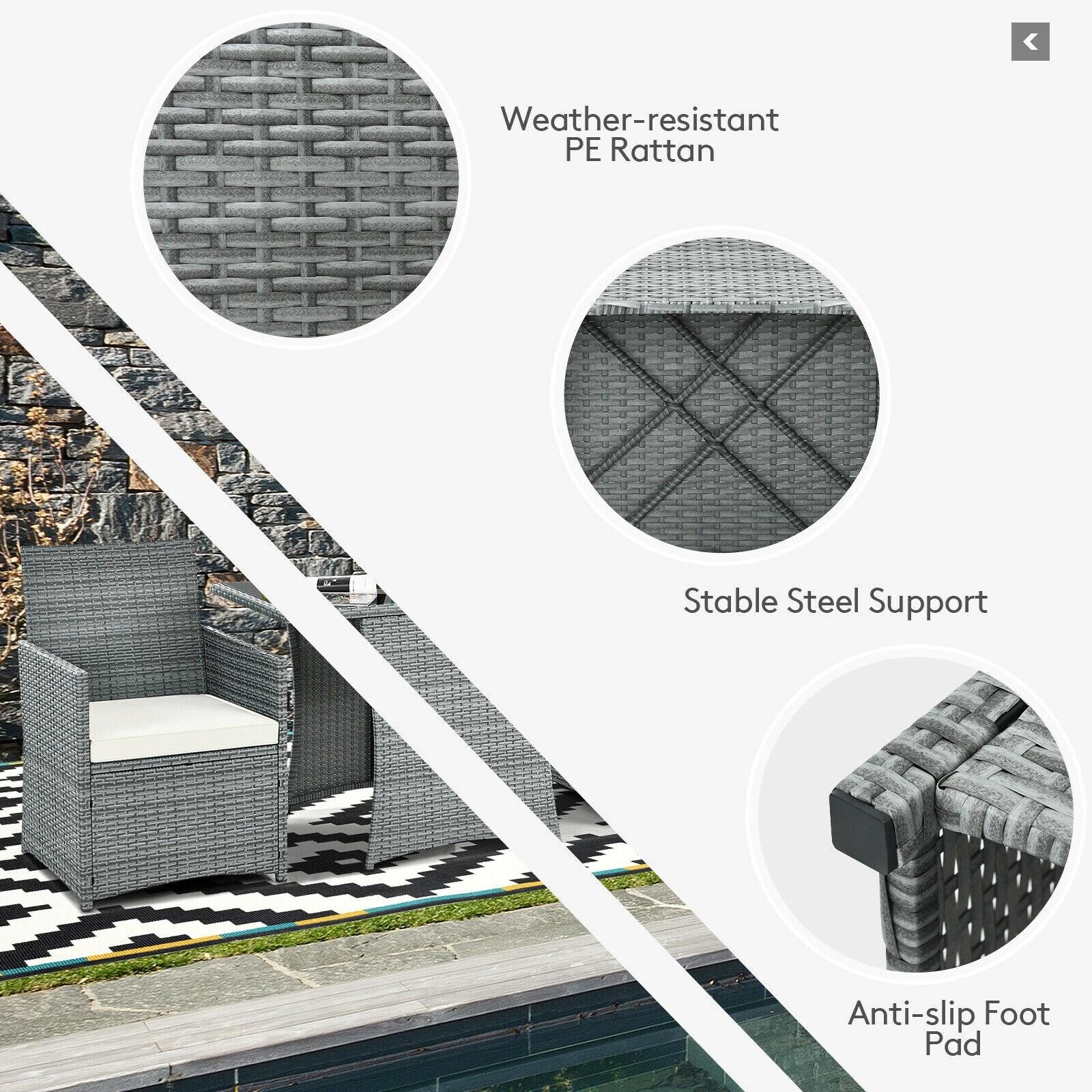Canddidliike 3 Pieces Patio PE Rattan Furniture Set with 2 Ergonomic Chairs , Space-Saving Outdoor Conversation Set with Cushioned Armrest Sofa, Patio Bistro Set for Outdoor, White