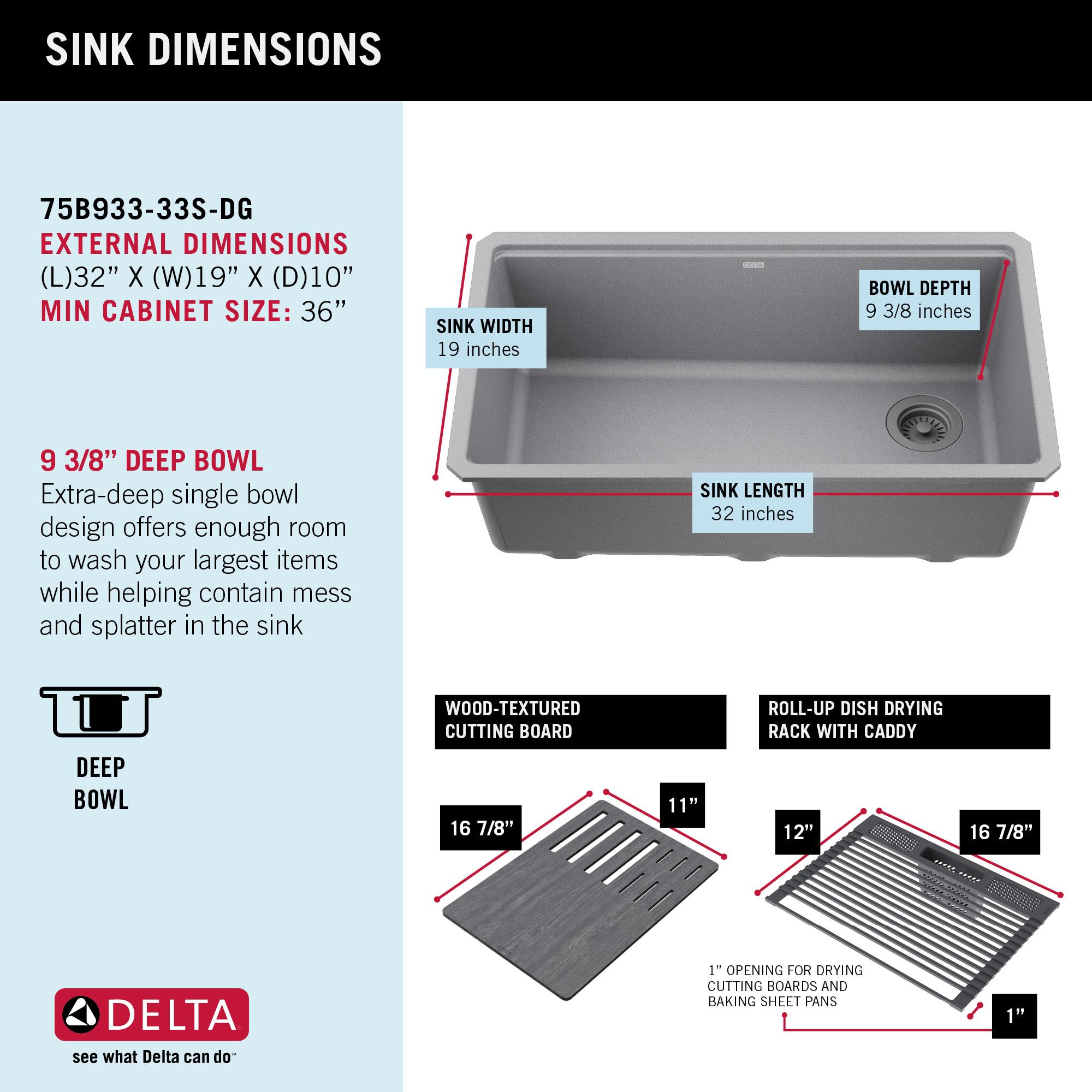 DELTA Everest™ 32" L Granite Composite Workstation Kitchen Sink Undermount Single Bowl with WorkFlow™ Ledge