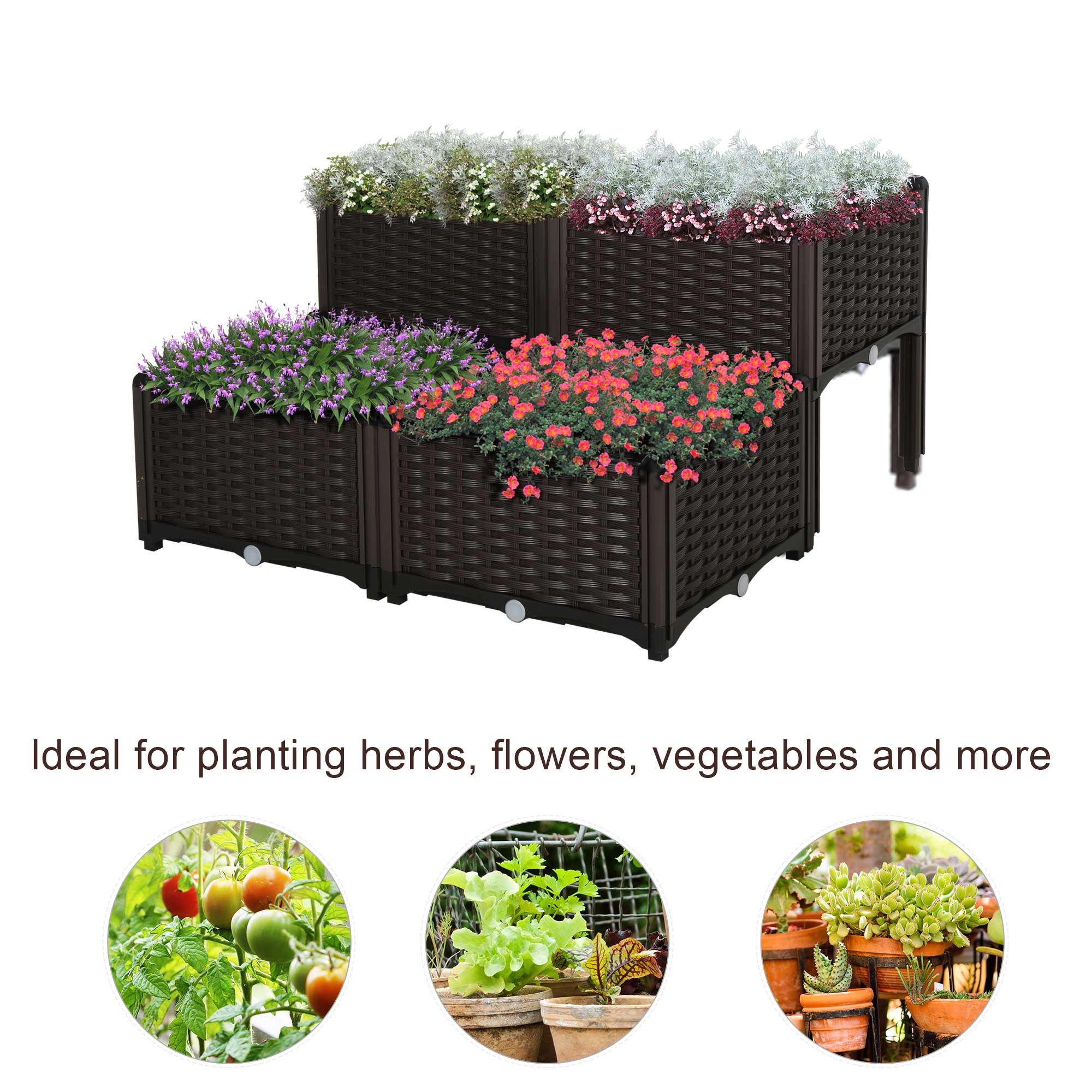 Outsunny 4-Piece Raised Garden Bed Planter Raised Bed with Self-Watering Design and Drainage Holes for Flowers, Brown