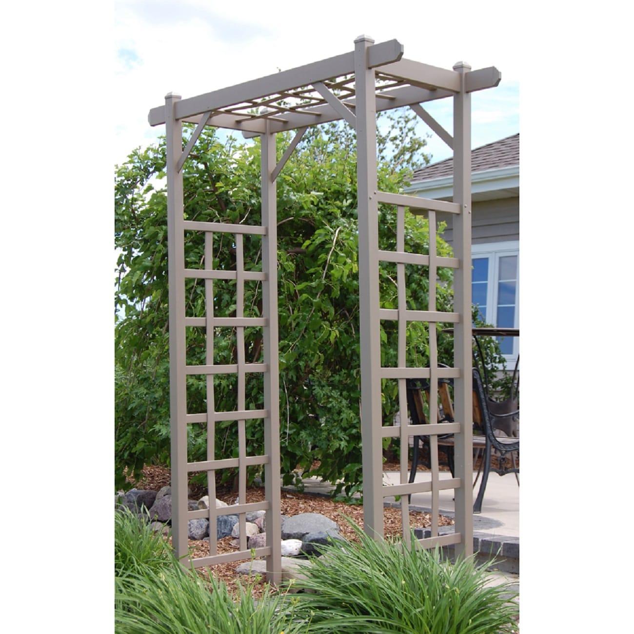 Dura-Trel Elmwood Arbor, 57 by 84 Inch PVC Patio Garden Arch, Outdoor Lattice Frame Decoration or Trellis for Climbing Plants, Mocha