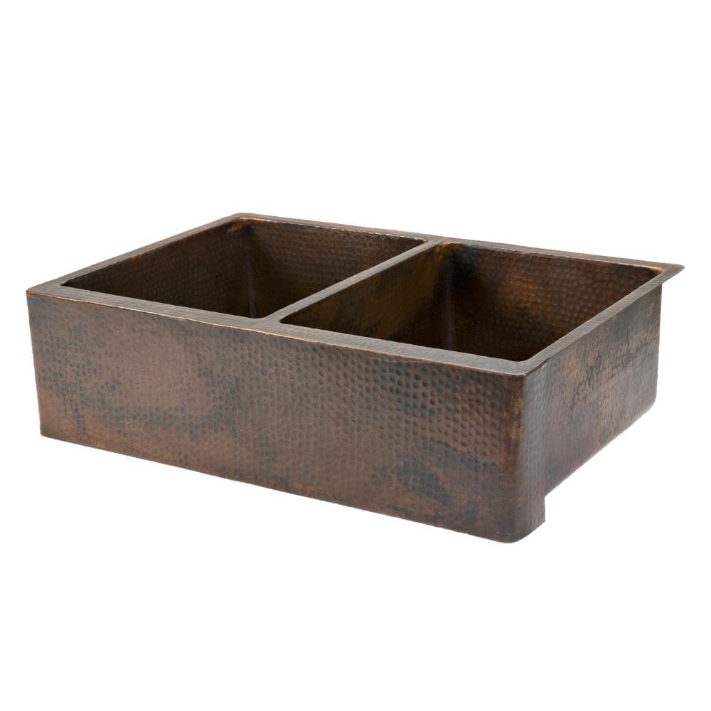 Premier Copper Products KA50DB33229 33" Hammered Copper Apron Front 50/50 Double Basin Kitchen Sink