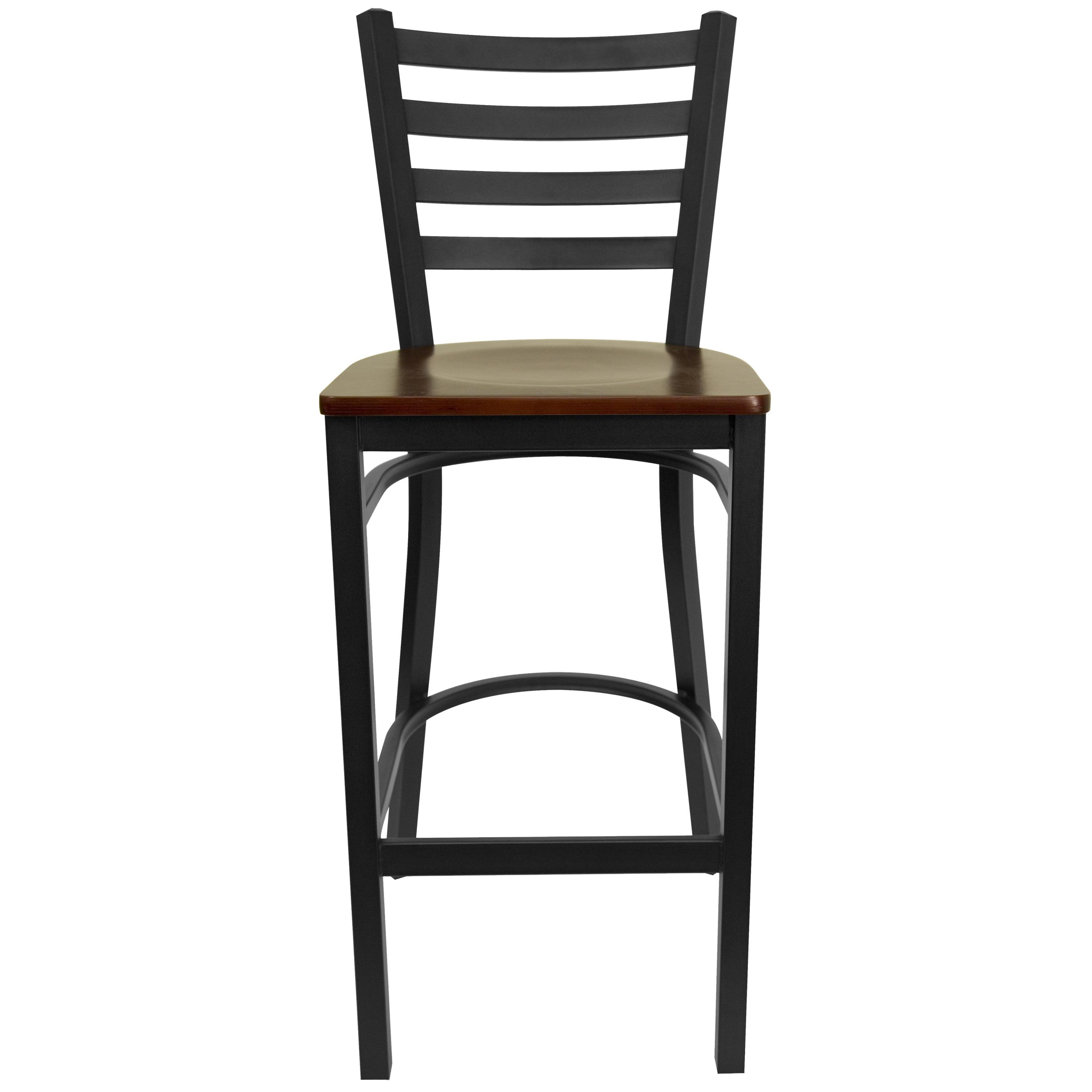 Flash Furniture HERCULES Series Black Ladder Back Metal Restaurant Barstool - Mahogany Wood Seat