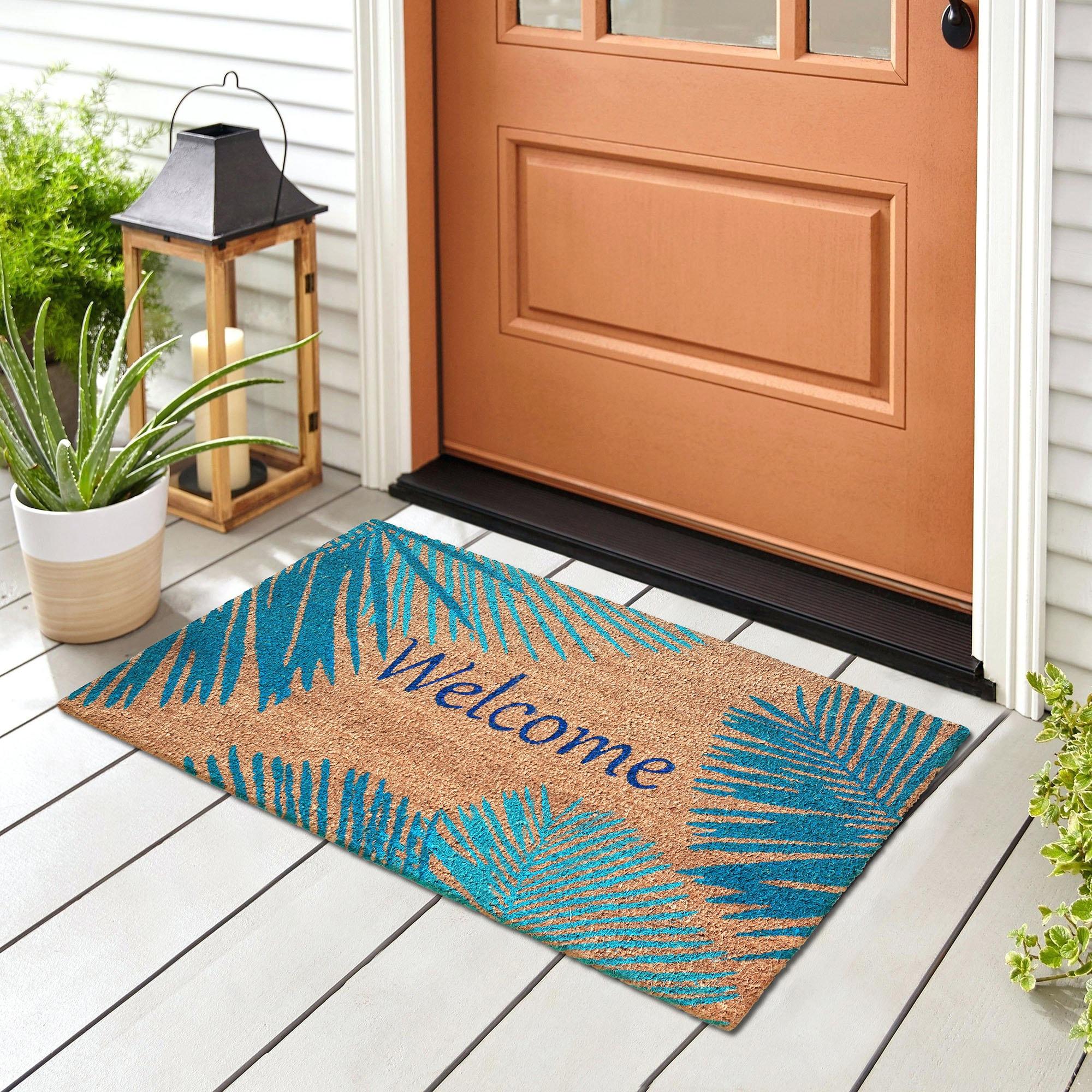 Blue Coir Outdoor Doormat with Palm Border, 24" x 36"