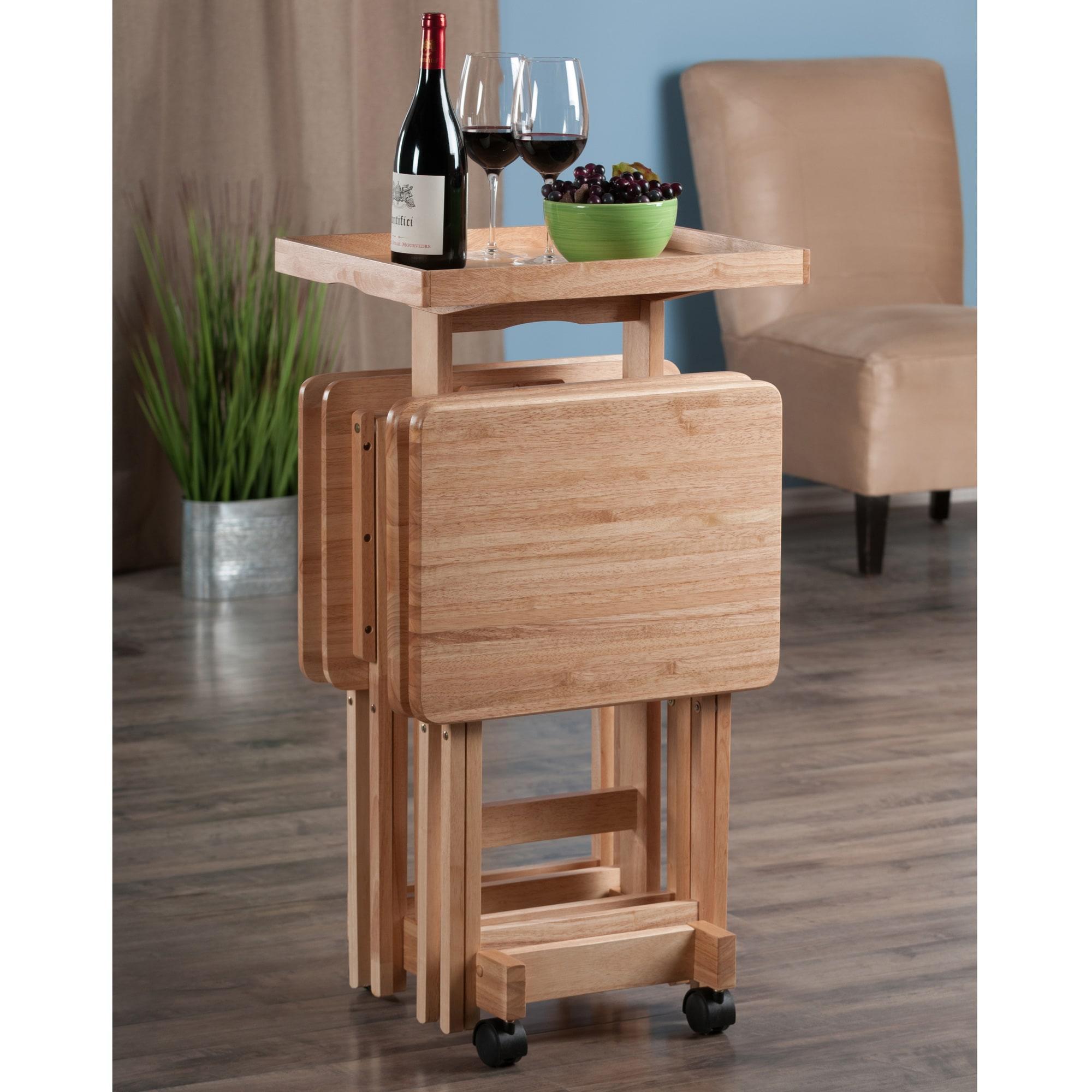 6pc Snack Table Set - Natural - Winsome: Hardwood Construction, Foldable with Wheeled Storage Frame