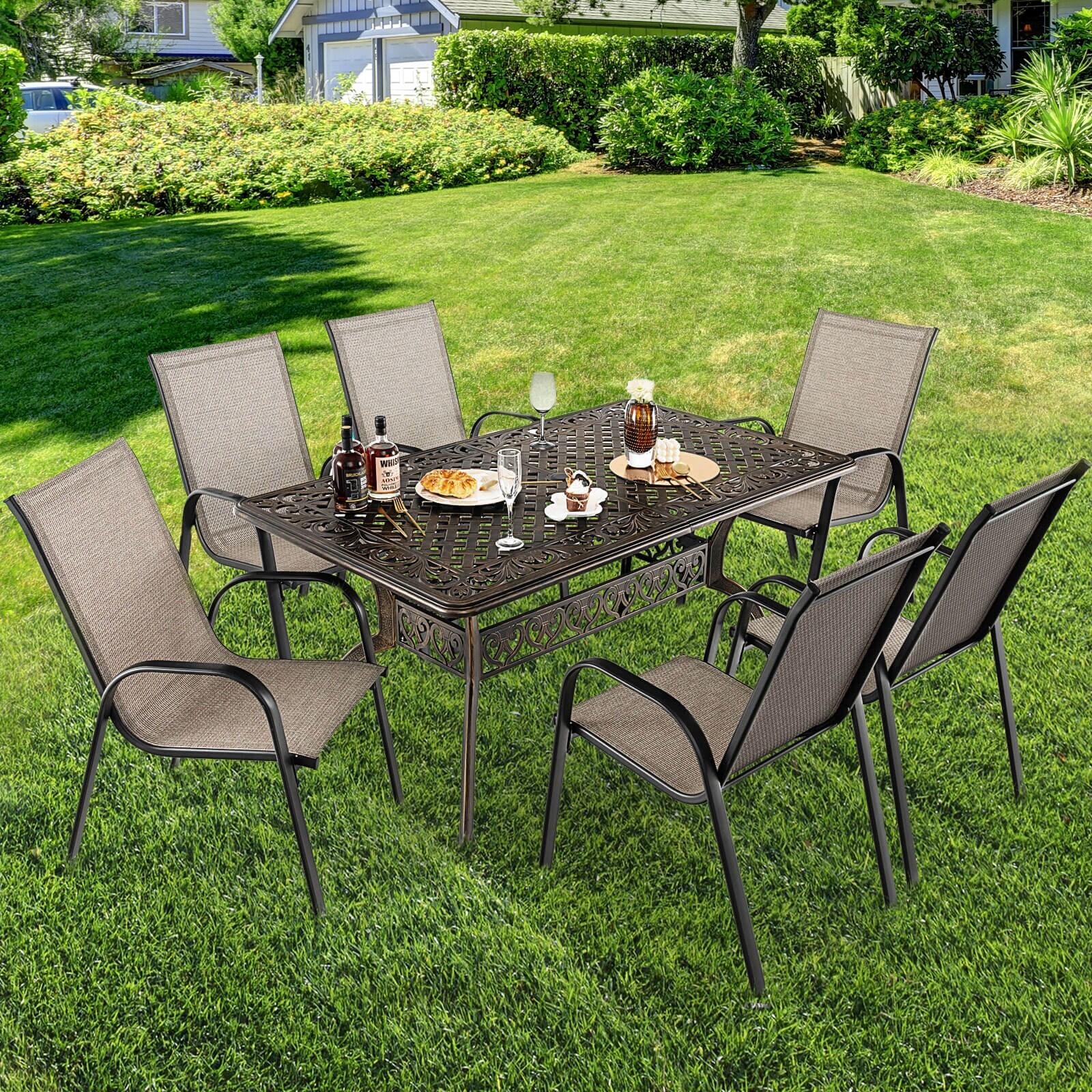 Outvita 59inch Patio Dinning Table, Outdoor Cast Aluminum Large Rectangle Table with Umbrella Hole and Antique Design for Backyard Pool Balcony Deck