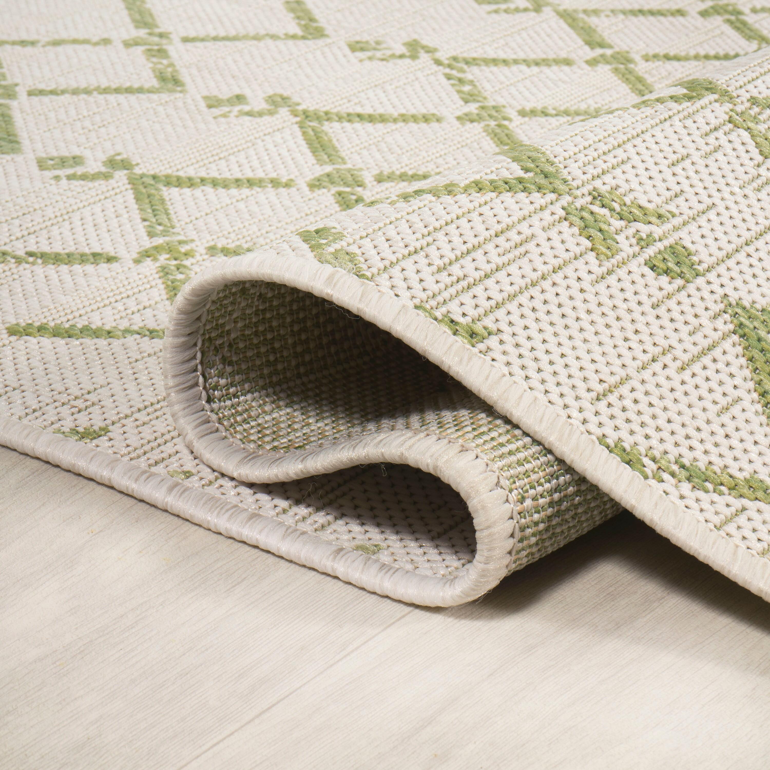 3' x 5' Ourika Moroccan Geometric Textured Weave Indoor/Outdoor Area Rug, Cream/Green - JONATHAN Y