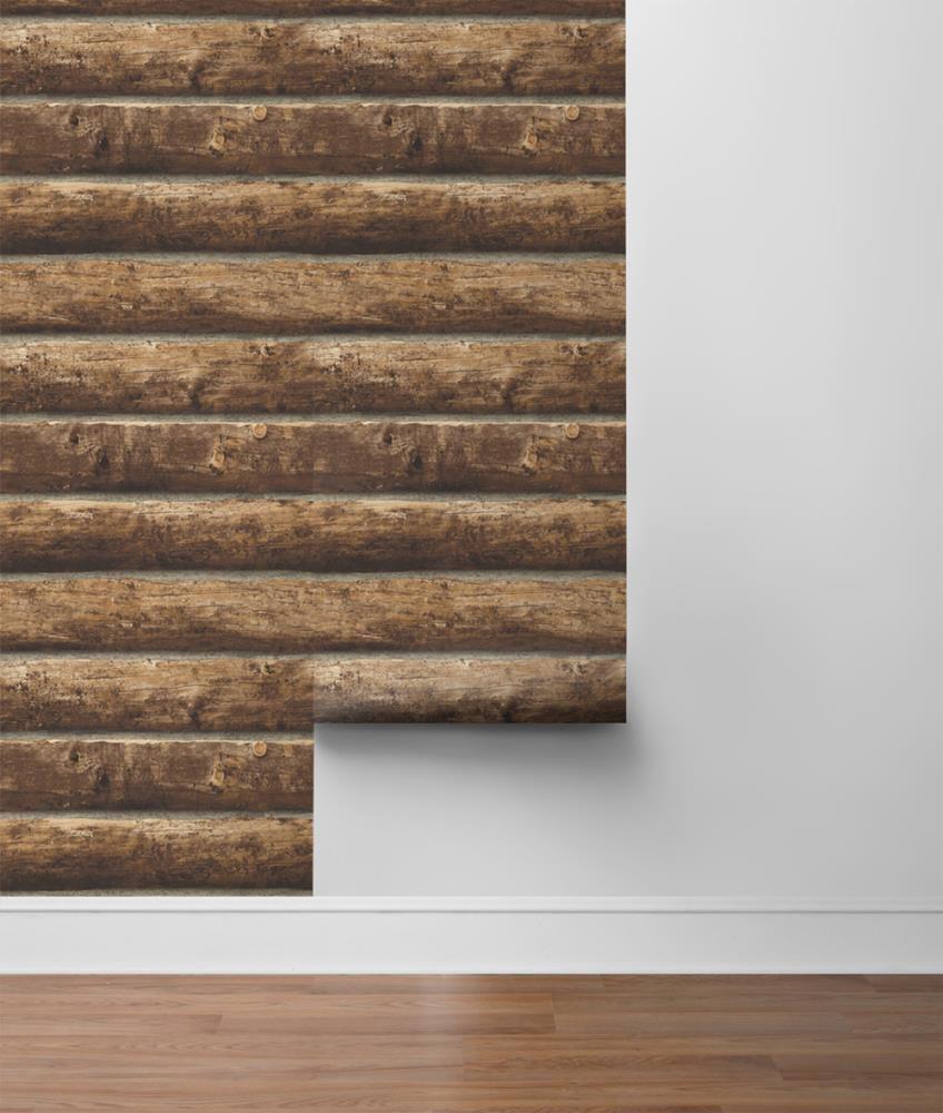 Rustic Brown Faux Log Cabin Peel and Stick Wallpaper