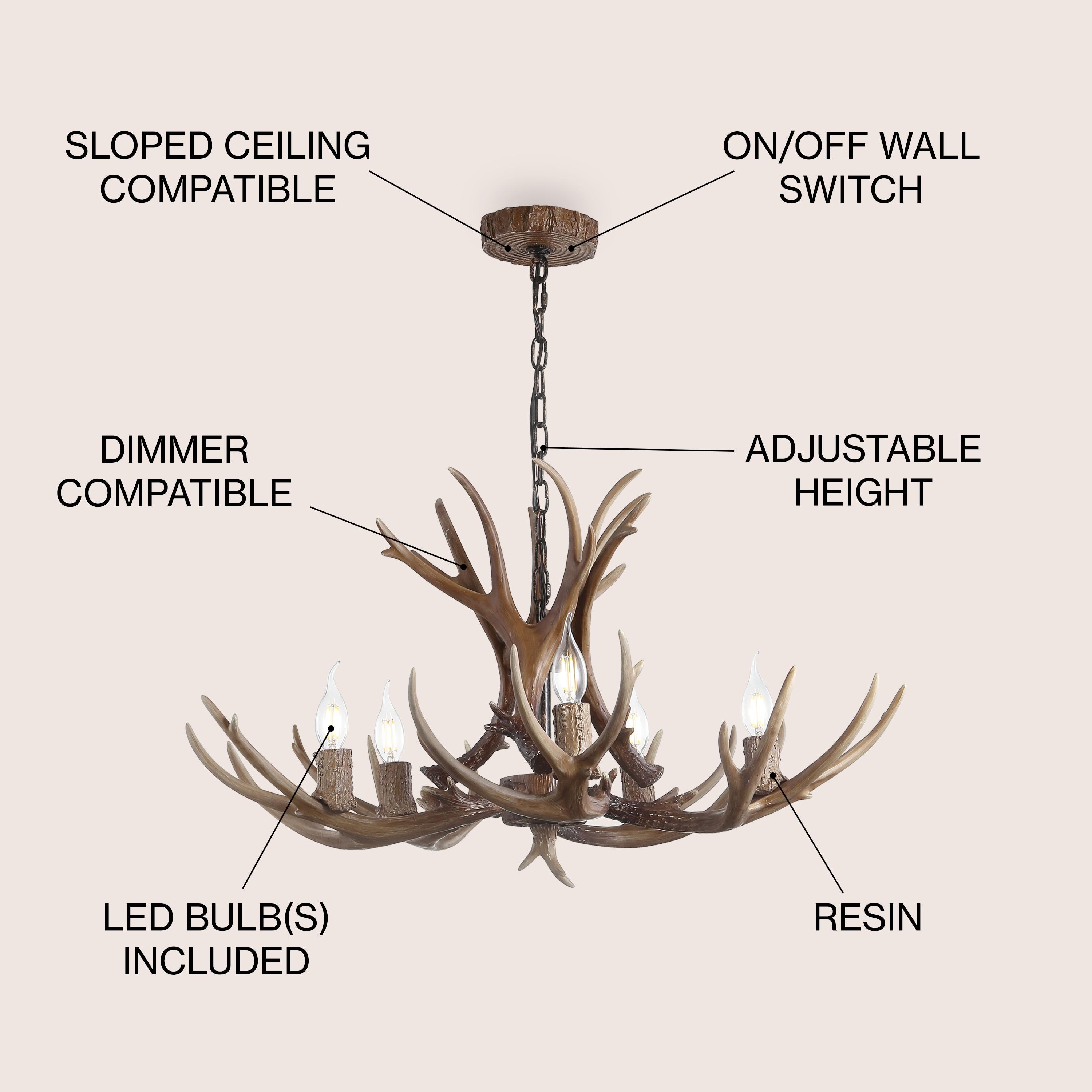 JONATHAN Y JYL6300A Eldora 30" Adjustable Resin Antler 5-Light LED Chandelier, Farmhouse, Rustic, Cottage, Transitional for living room, dinning room, bedroom, office Bulb Included, Brown