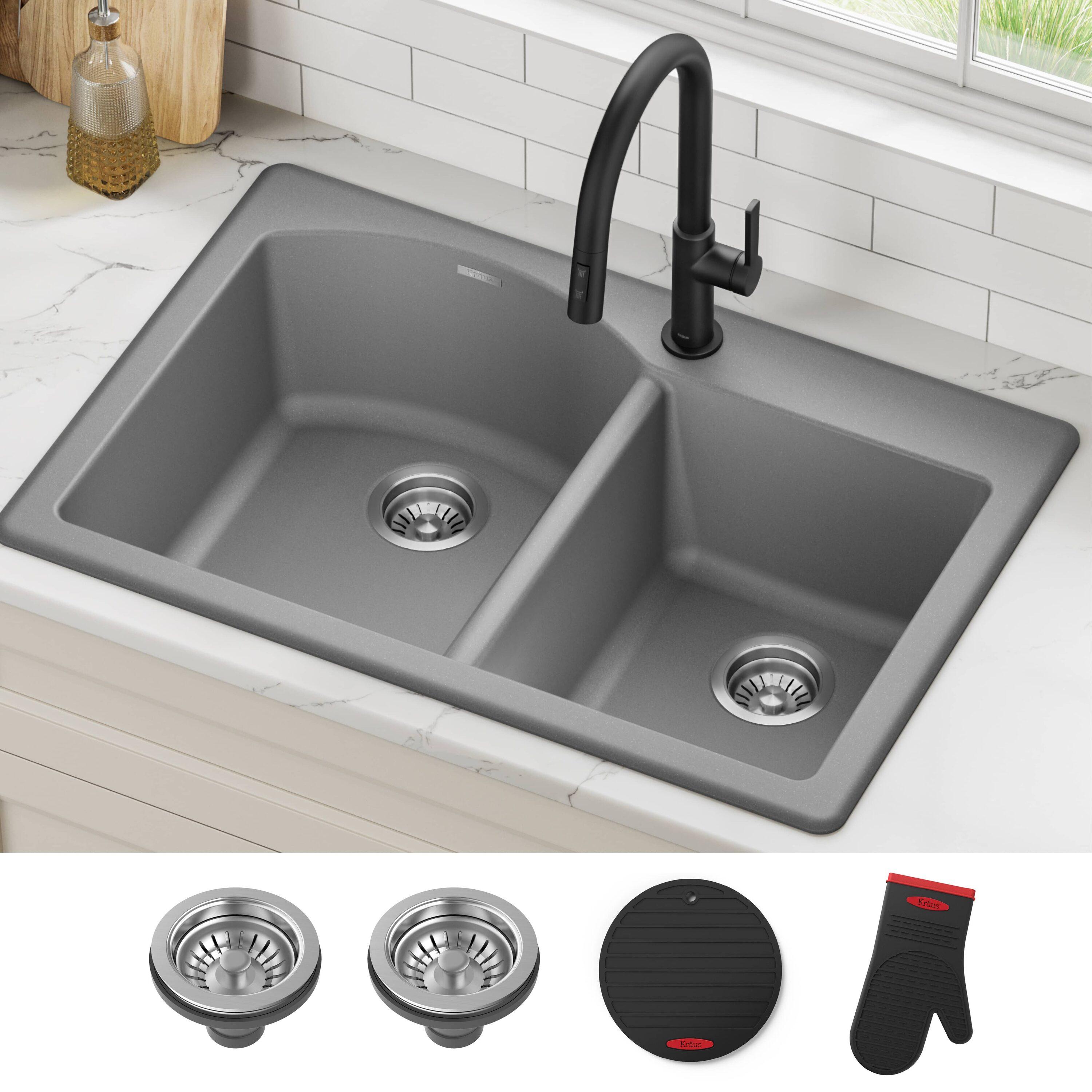 KRAUS Forteza™ 33" L Dual Mount 60/40 Double Bowl Granite Kitchen Sink