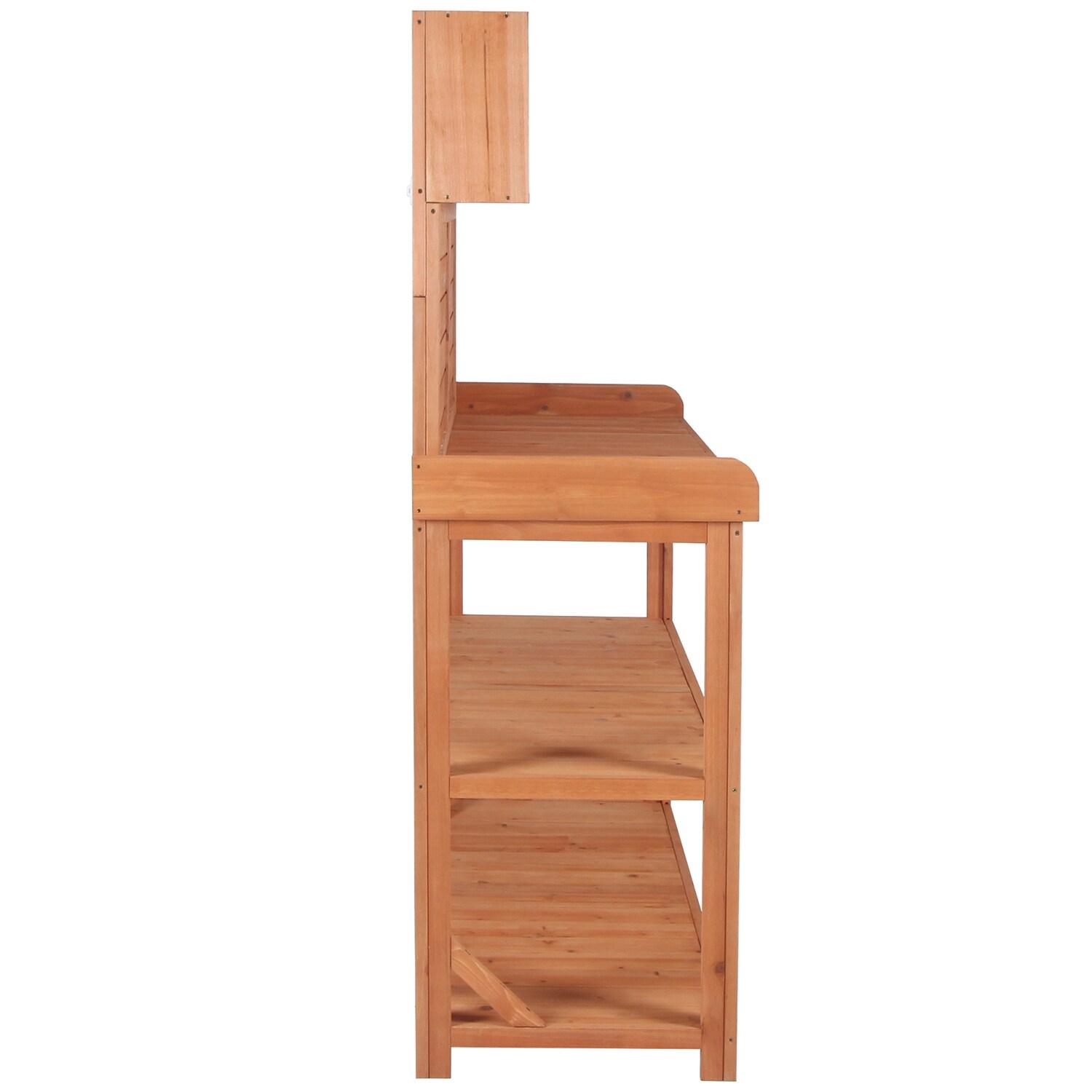 Wooden Potting Bench, 65" Large Wooden Farmhouse Rustic Outdoor Potting Bench Table, Patio Workstation, Garden Potting Bench with 4 Storage Shelves, Splash Plate & 3 Side Hooks, Natural