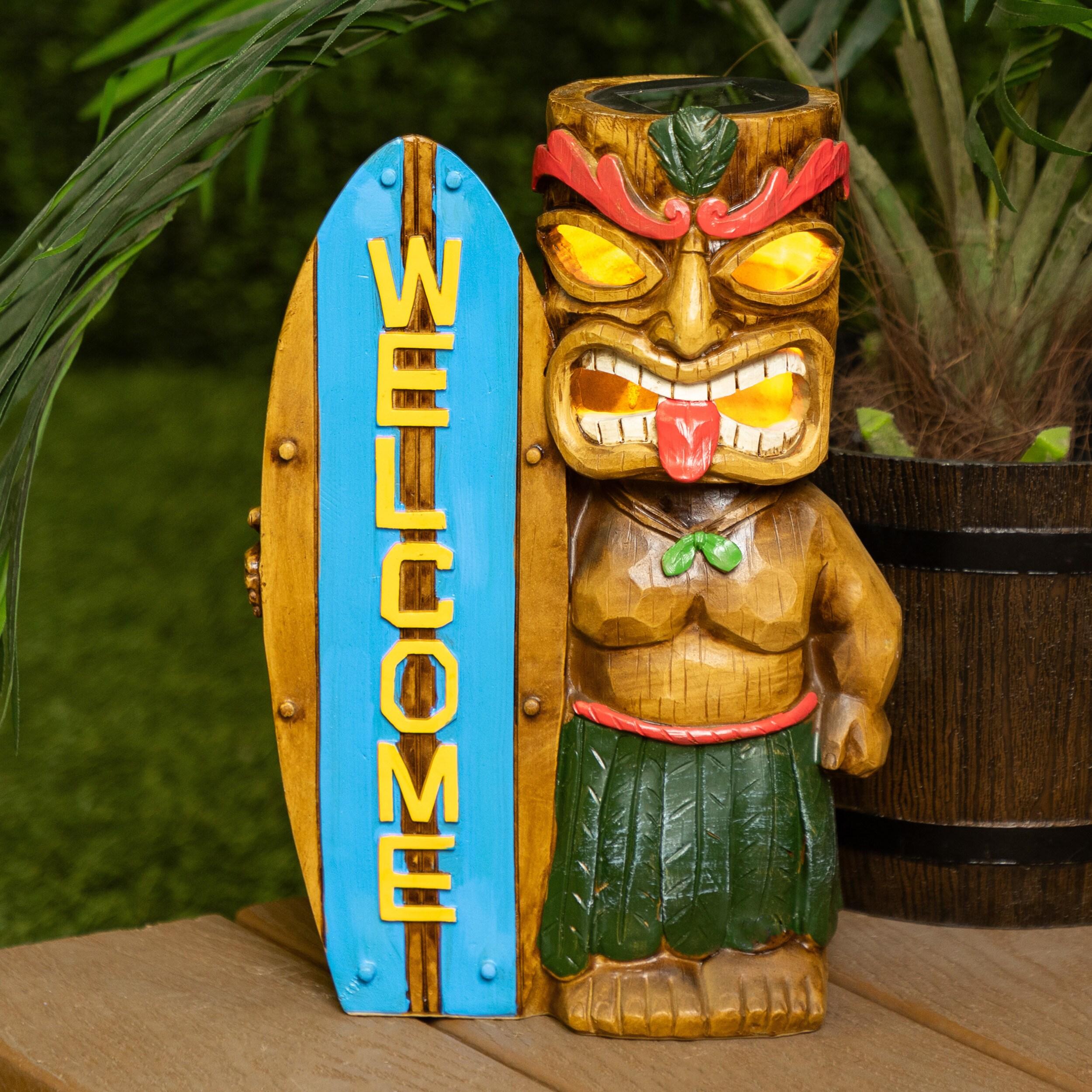 Alpine Corporation Solar Tiki with Welcome Surf Board Statuary and LED Lights