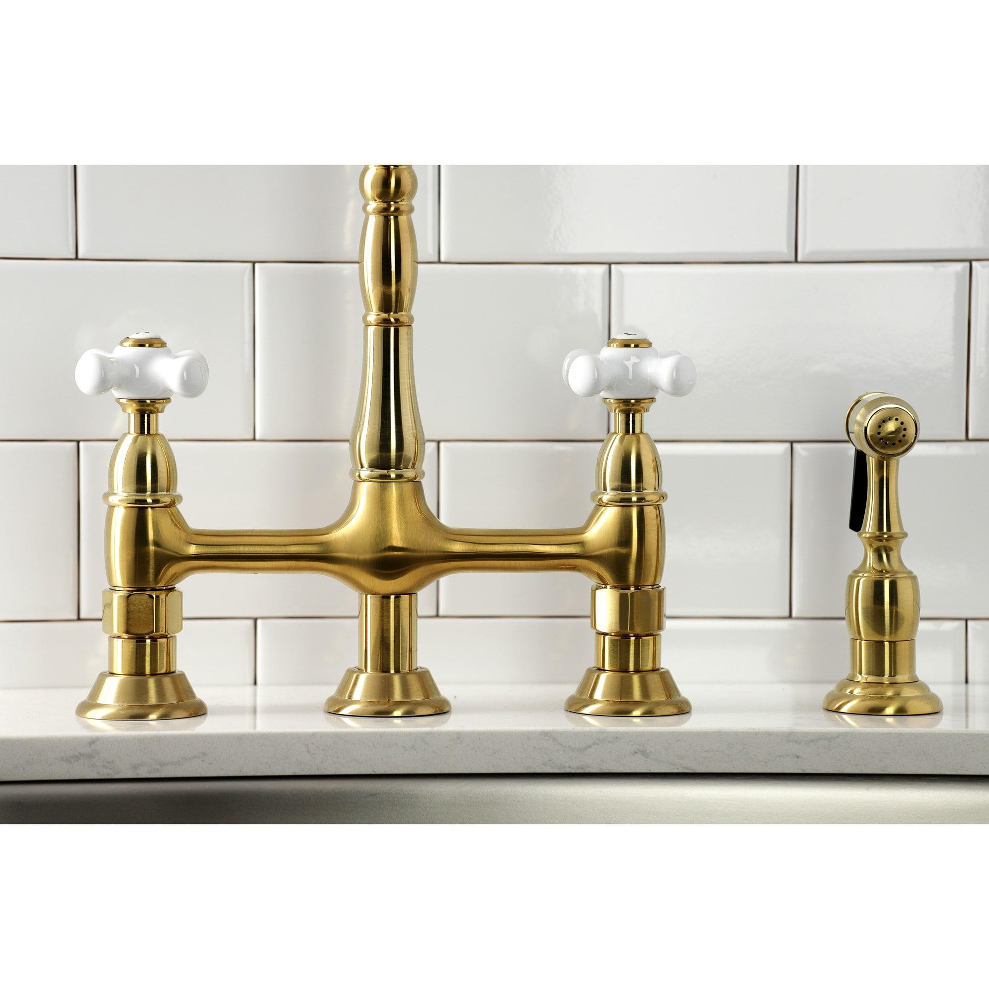Kingston Brass Heritage Two-Handle 4-Hole Deck Mount Bridge Kitchen Faucet with Brass Side Sprayer