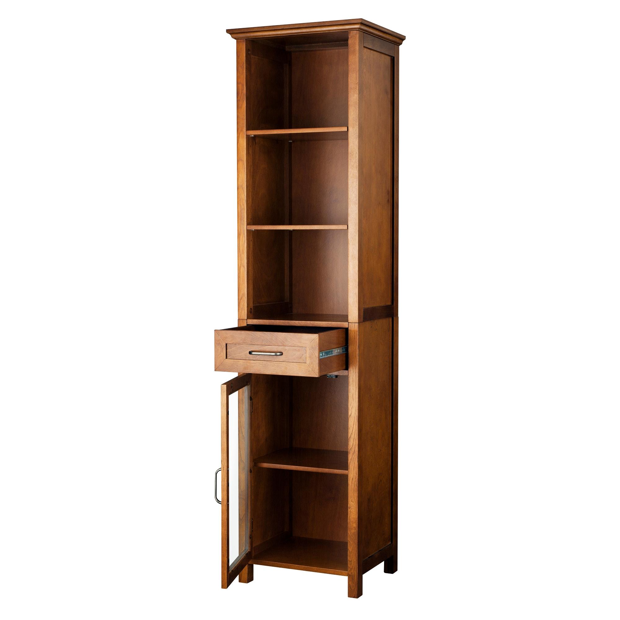 Oak Finish Bathroom Linen Tower Storage Cabinet with Shelves