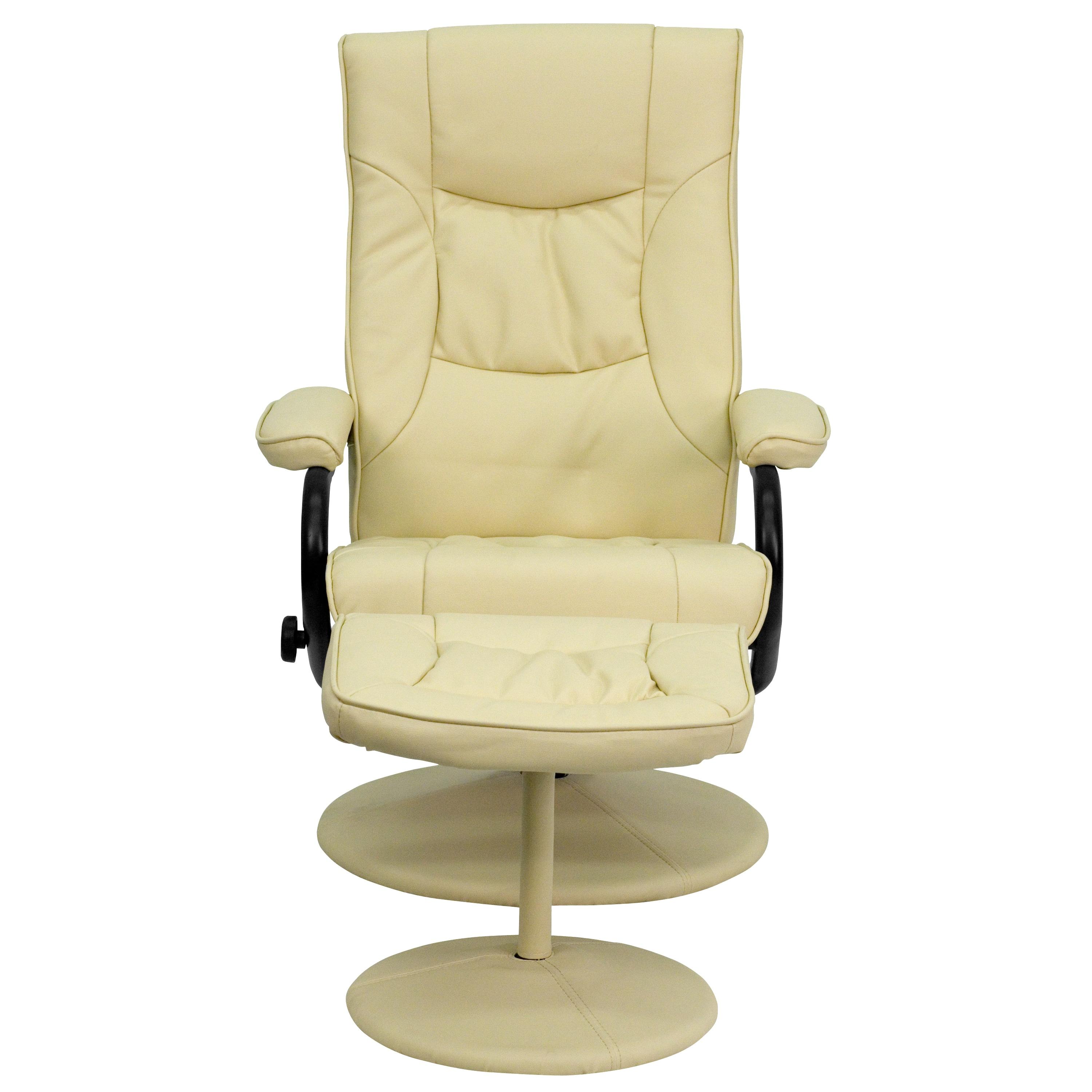 BizChair Contemporary Multi-Position Recliner and Ottoman with Wrapped Base in Cream LeatherSoft