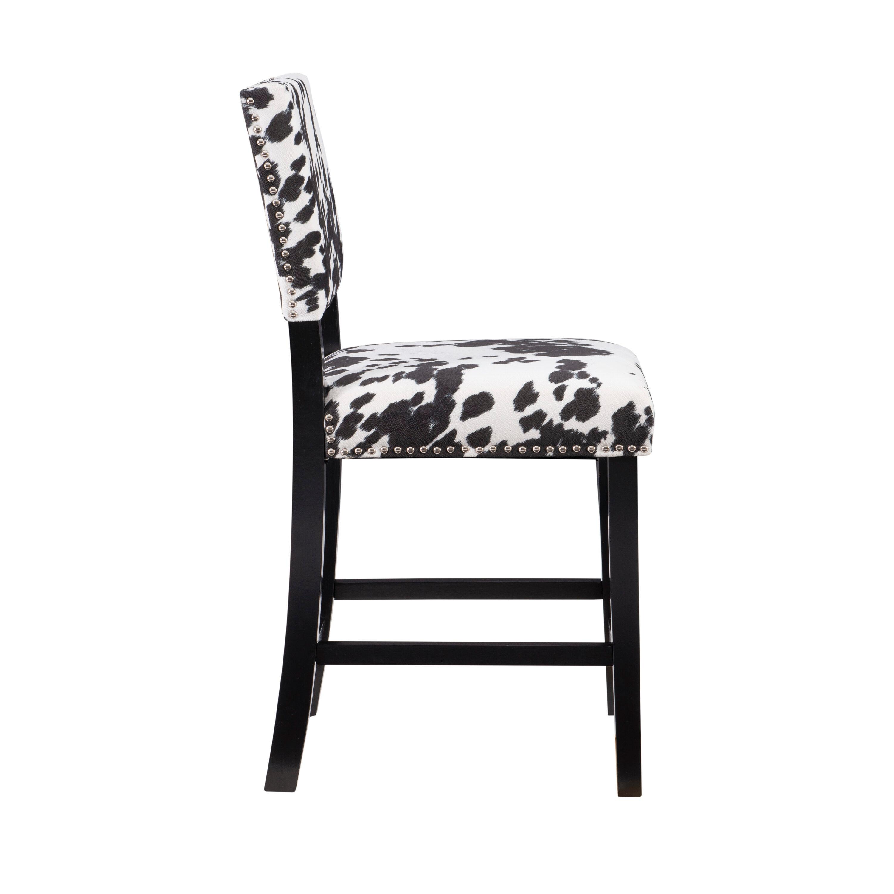 Linon Corey Black Cow Print Upholstery Counter Height Barstool Black/White: Farmhouse Style, Wood Frame, Footrest