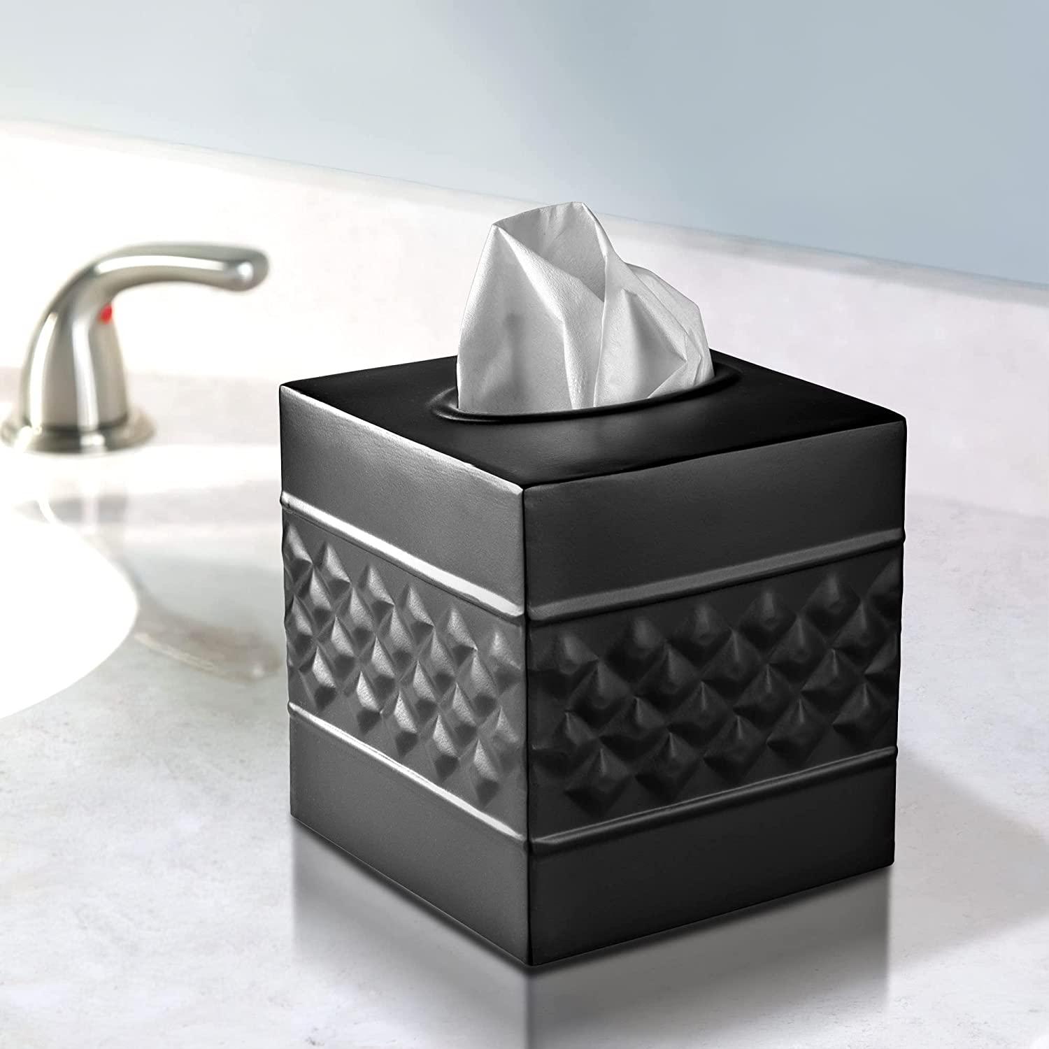 Monarch Abode Tissue Box Cover, Hand Hammered, Metal, Square Tissue Box Holder, Black