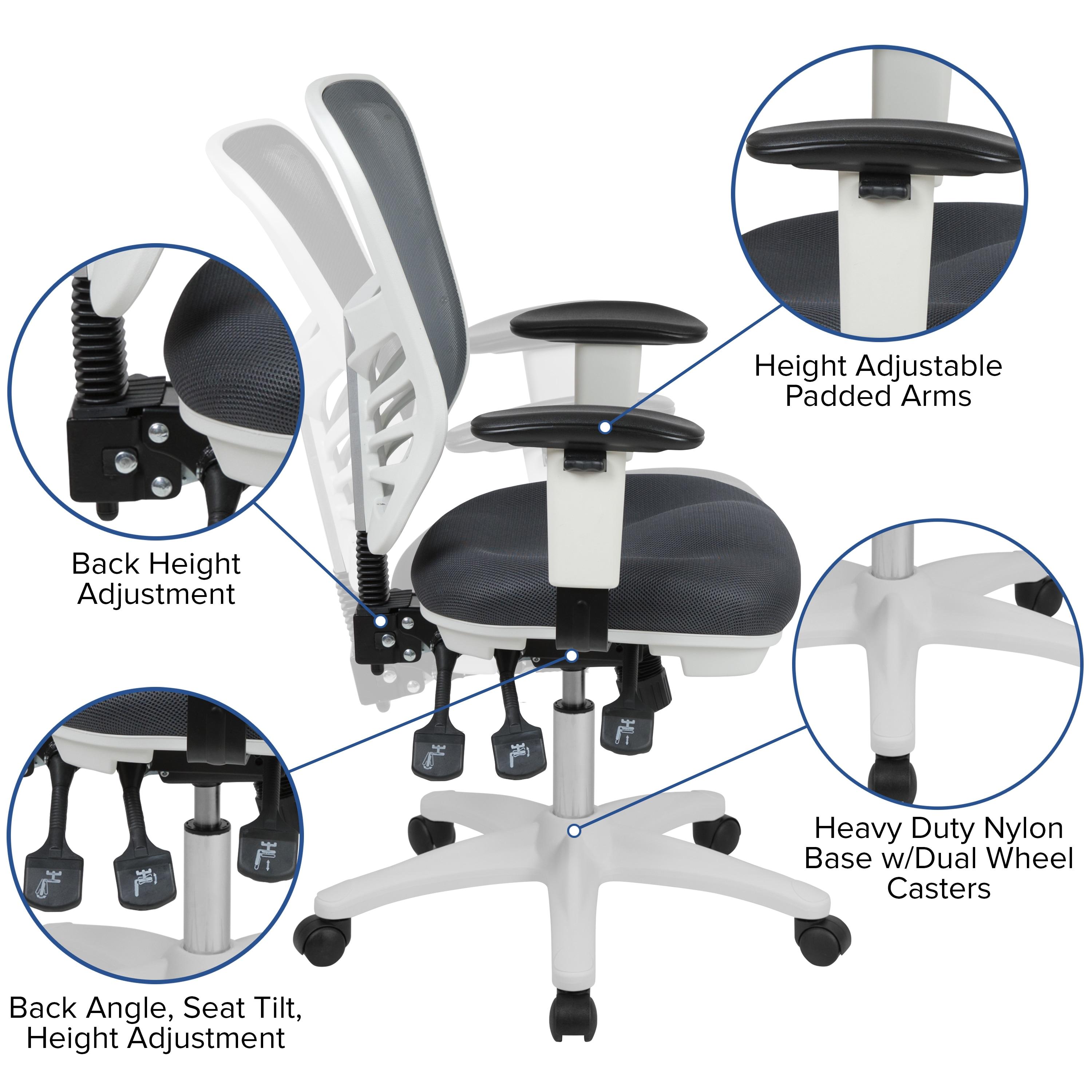 Flash Furniture Mid-Back Dark Gray Mesh Multifunction Executive Swivel Ergonomic Office Chair with Adjustable Arms and White Frame