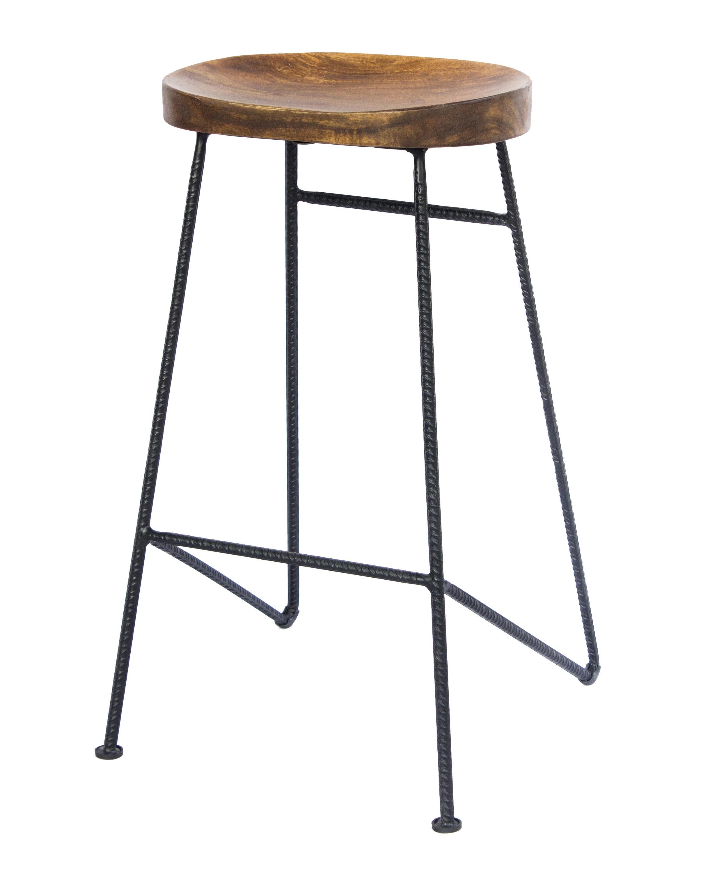 Wooden Saddle Seat Barstool with Iron Rod Legs Brown/Black - The Urban Port: Fixed Height, Polished Finish, Spot Clean