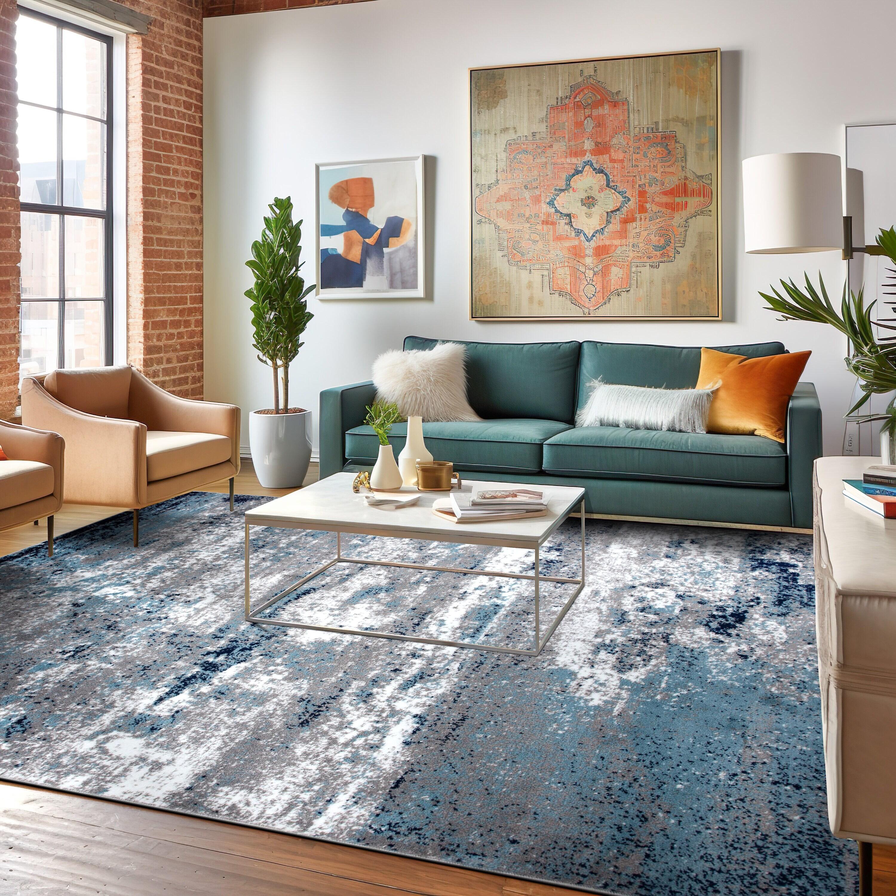World Rug Gallery Distressed Abstract Watercolor Blue 6'6" x 9' Area Rug