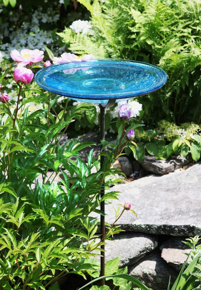 Crackle Glass Birdbath Bowl with Stake, 14-in