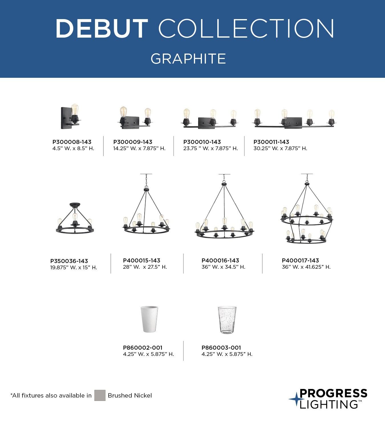 Progress Lighting Debut 3-Light Bath Vanity Fixture, Steel, Graphite, Clear Seeded Glass