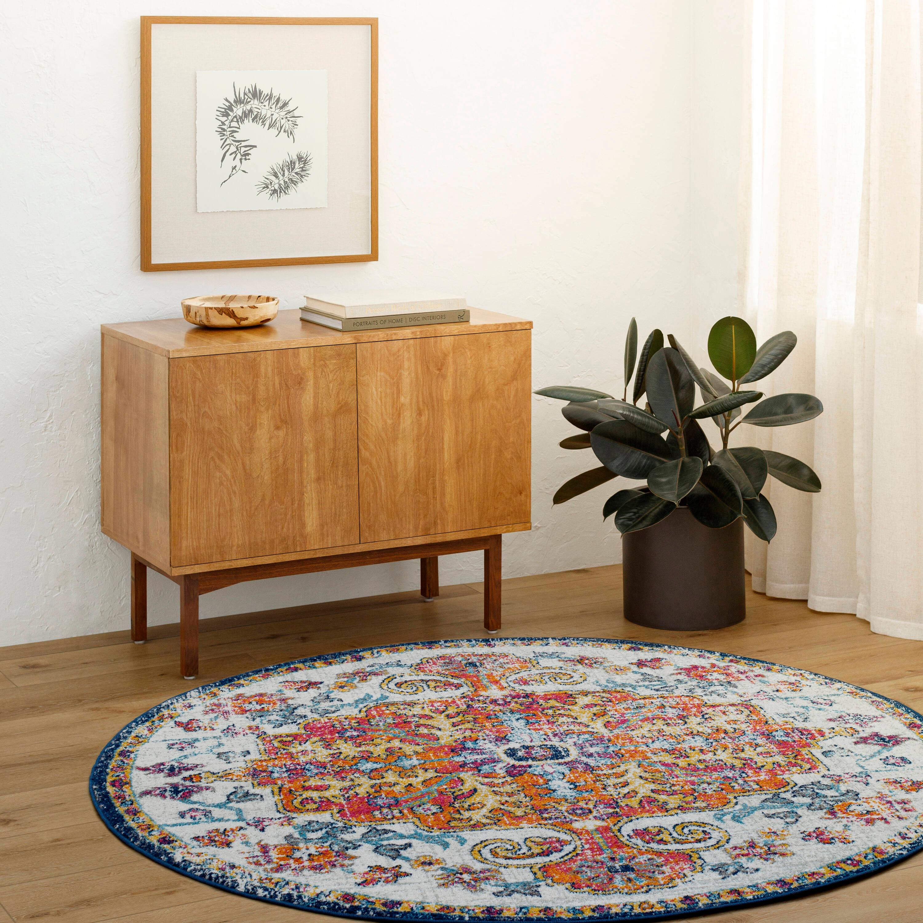 Livabliss 5'3" Round Abby Traditional Rugs Aqua: Medium Pile, Stain & Fade-Resistant, Polypropylene