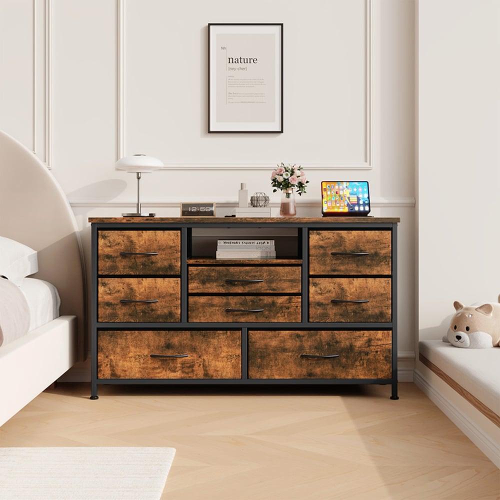 INDSUMOT 8 Dresser TV Stand with Power Outlet & LED for 55'' TV, Long Dresser for Bedroom with 8 Deep Drawers, Wide Console Table for Storage in Closet, Living Room, Entryway, Wood Top(Rustic Brown)