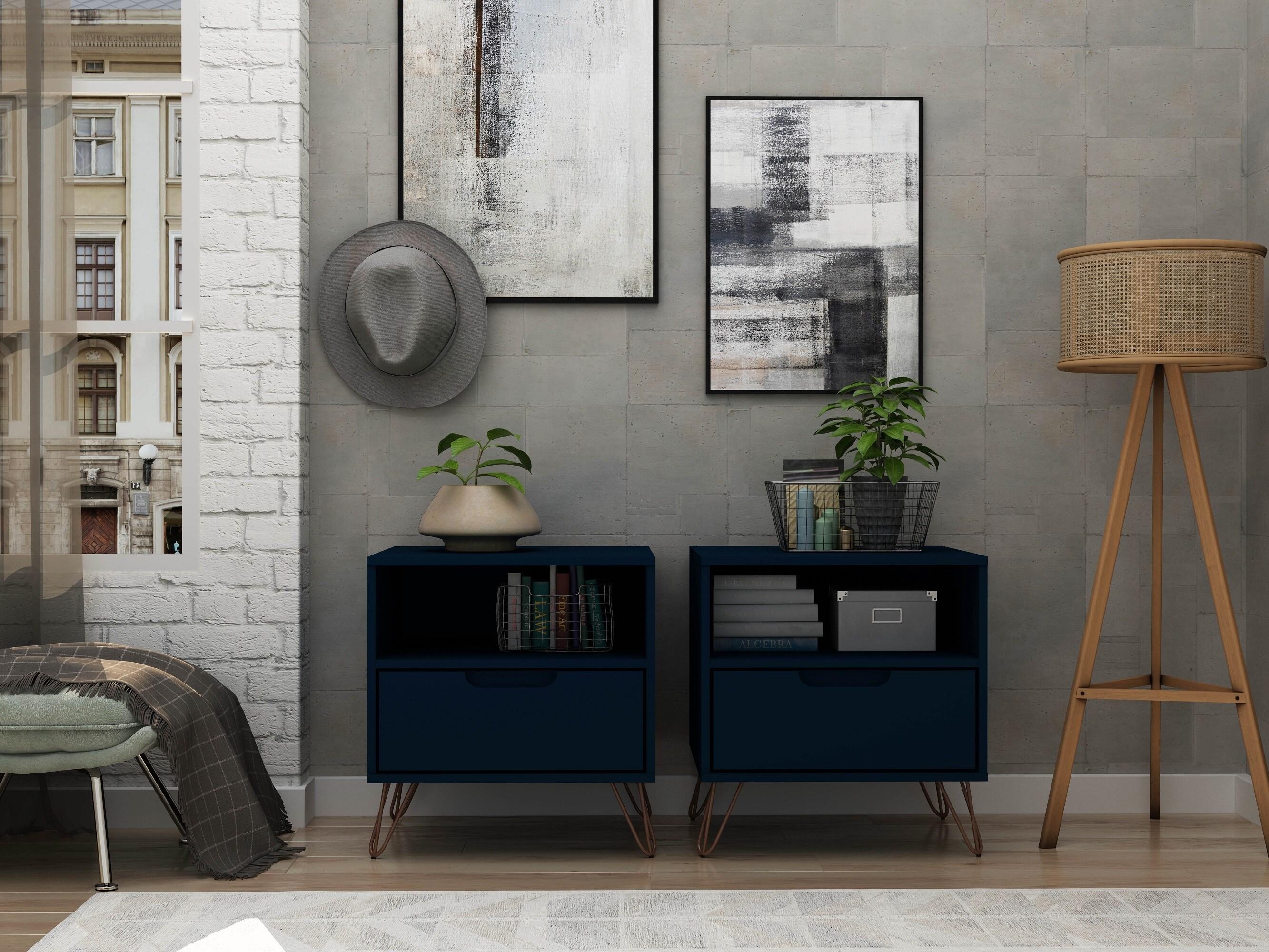 Set of 2 Rockefeller 1 Drawer Nightstands Tatiana Midnight Blue - Manhattan Comfort