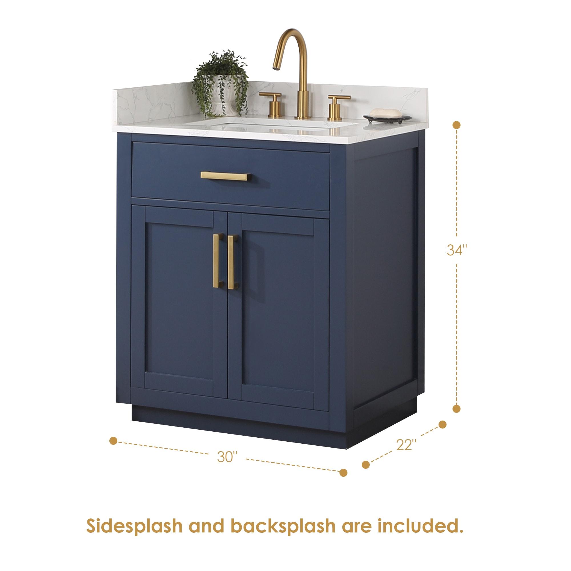 Gavino Tocador de Madera de 30" en Azul Real con Tapa de Piedra Compuesta sin Espejo