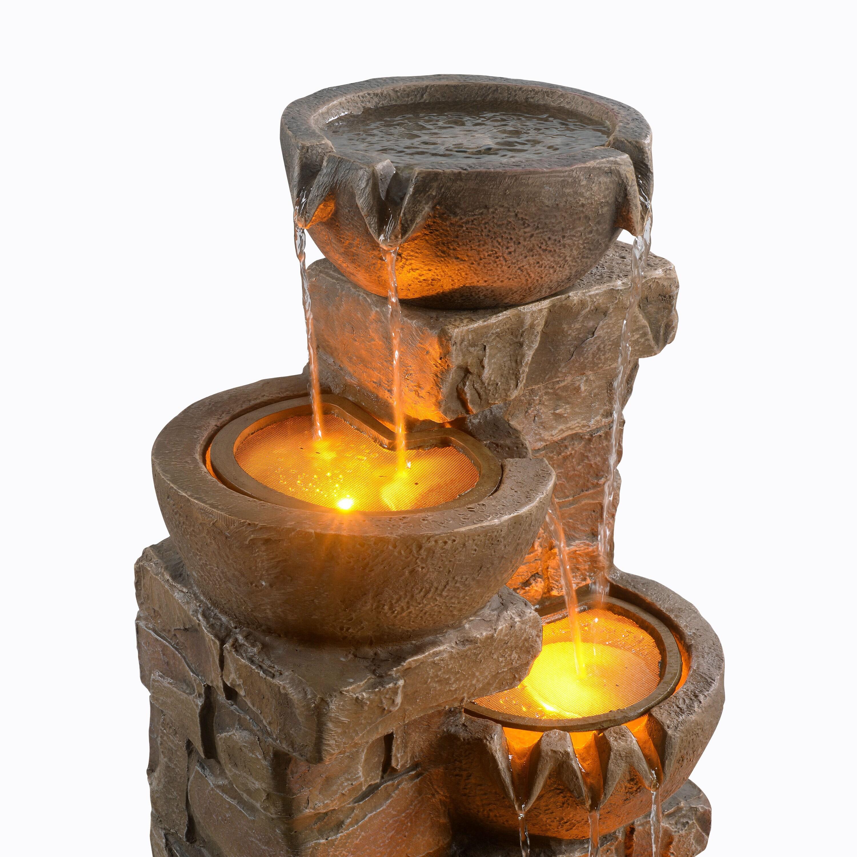 Teamson Home 33.27" Polyresin Cascading Bowls & Stacked Stones LED Fountain: Rust-Resistant, Electric Pump, Ground Freestanding