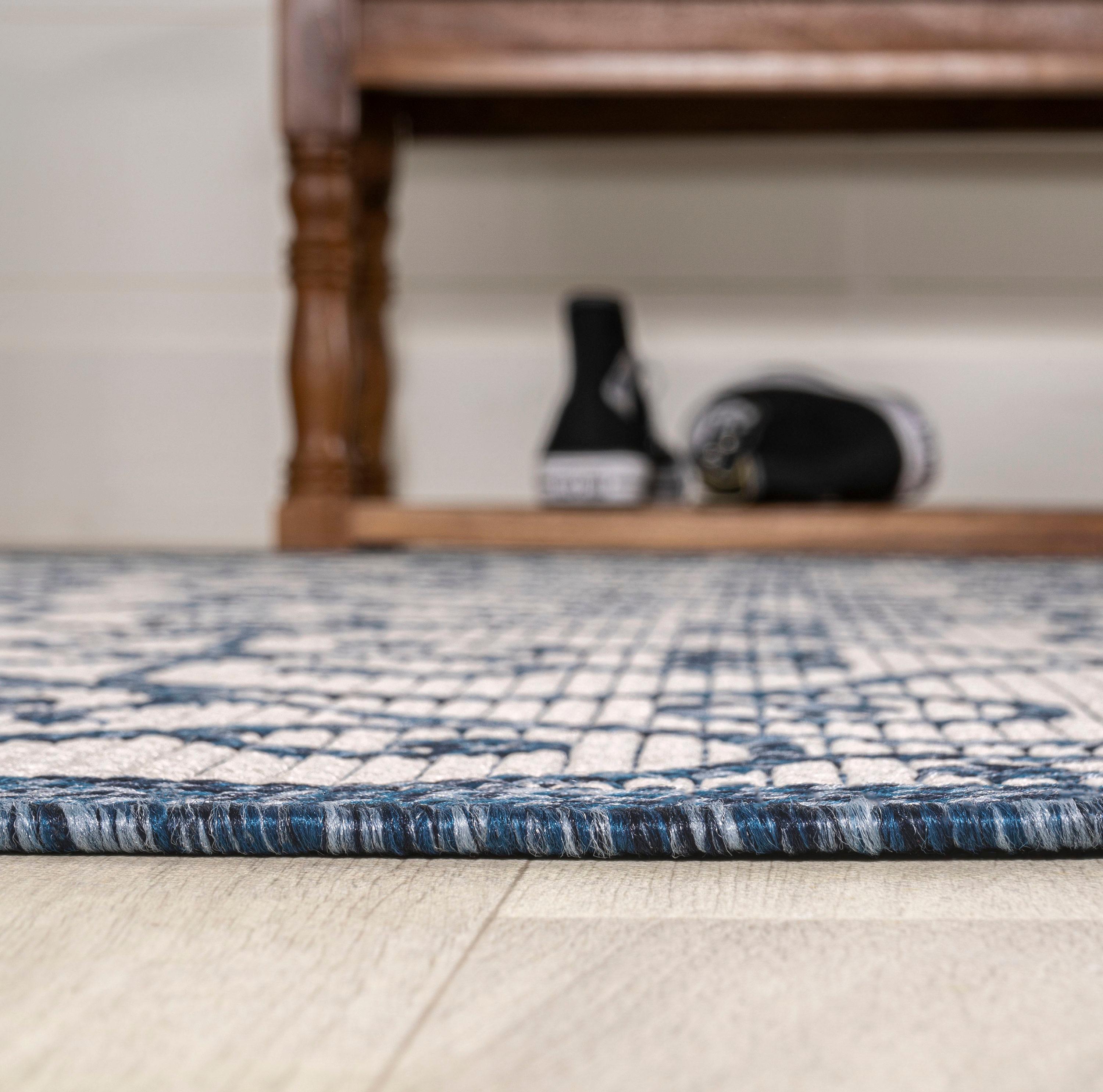 4' x 6' Madrid Vintage Filigree Textured Weave Indoor/Outdoor Area Rug, Blue/Cream - JONATHAN Y