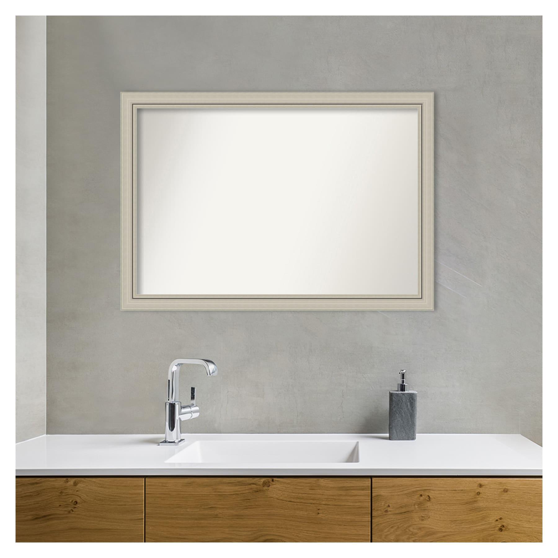 40" x 28" Non-Beveled Romano Silver Narrow Wood Bathroom Wall Mirror - Amanti Art: Modern Rectangle, Wall Mounted