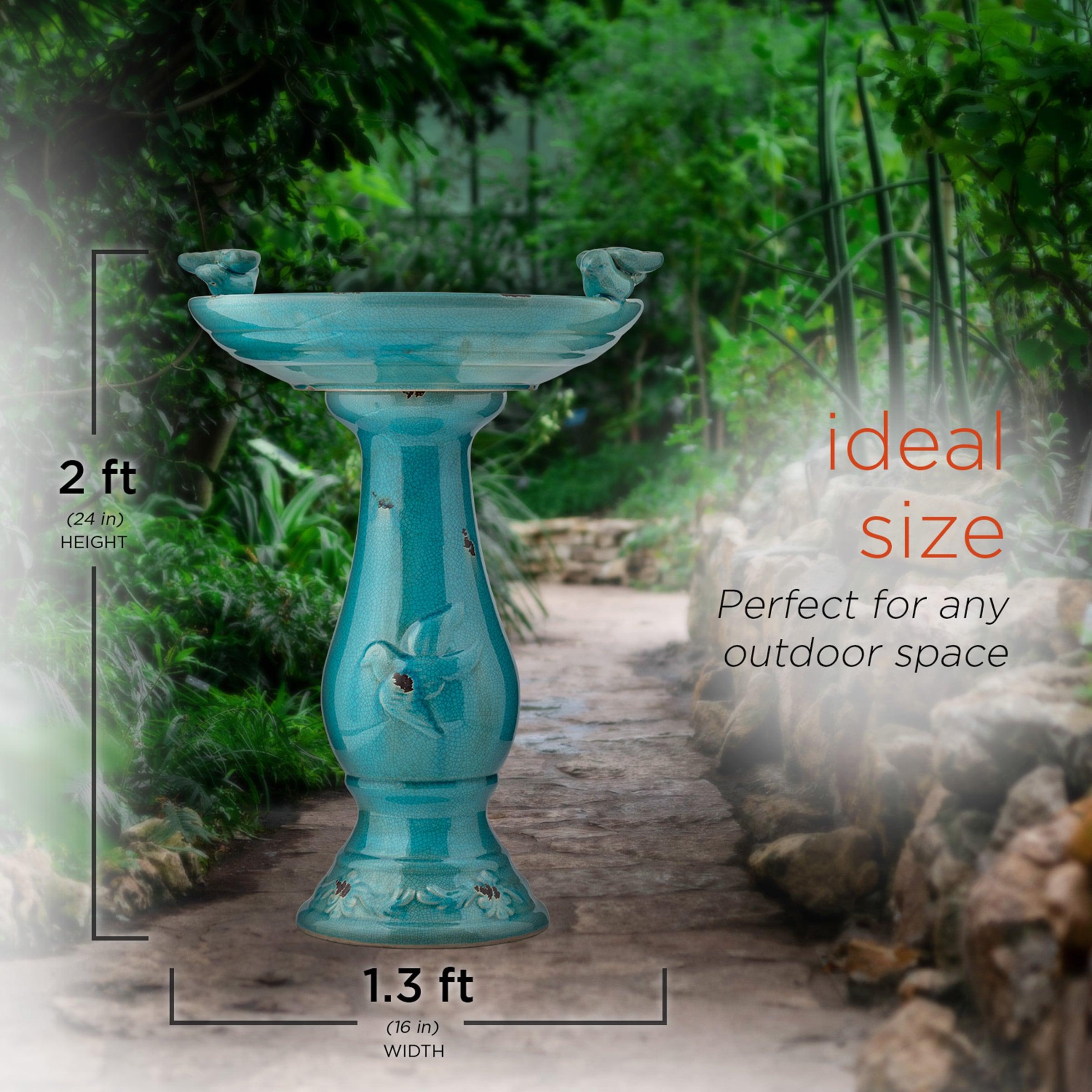 Alpine Corporation Ceramic Pedestal Bird Bath with Bird Figurines, Turquoise