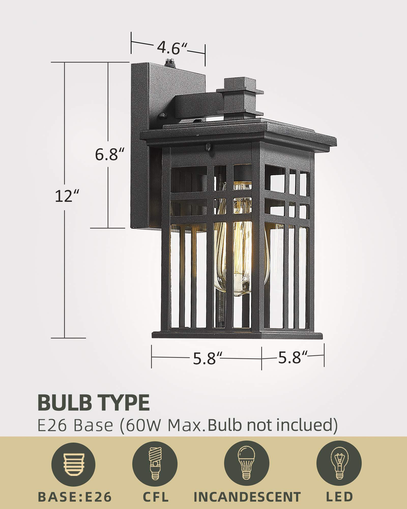 Black Modern Outdoor Wall Lanterns with Tempered Glass Shade, 9.76''