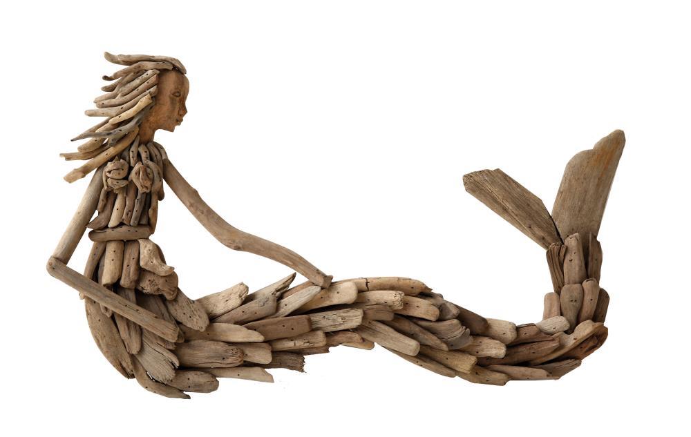 Storied Home Driftwood Sitting Mermaid Wall Decoration - Hardwood Sculpture, Nautical Decor, 13" Height