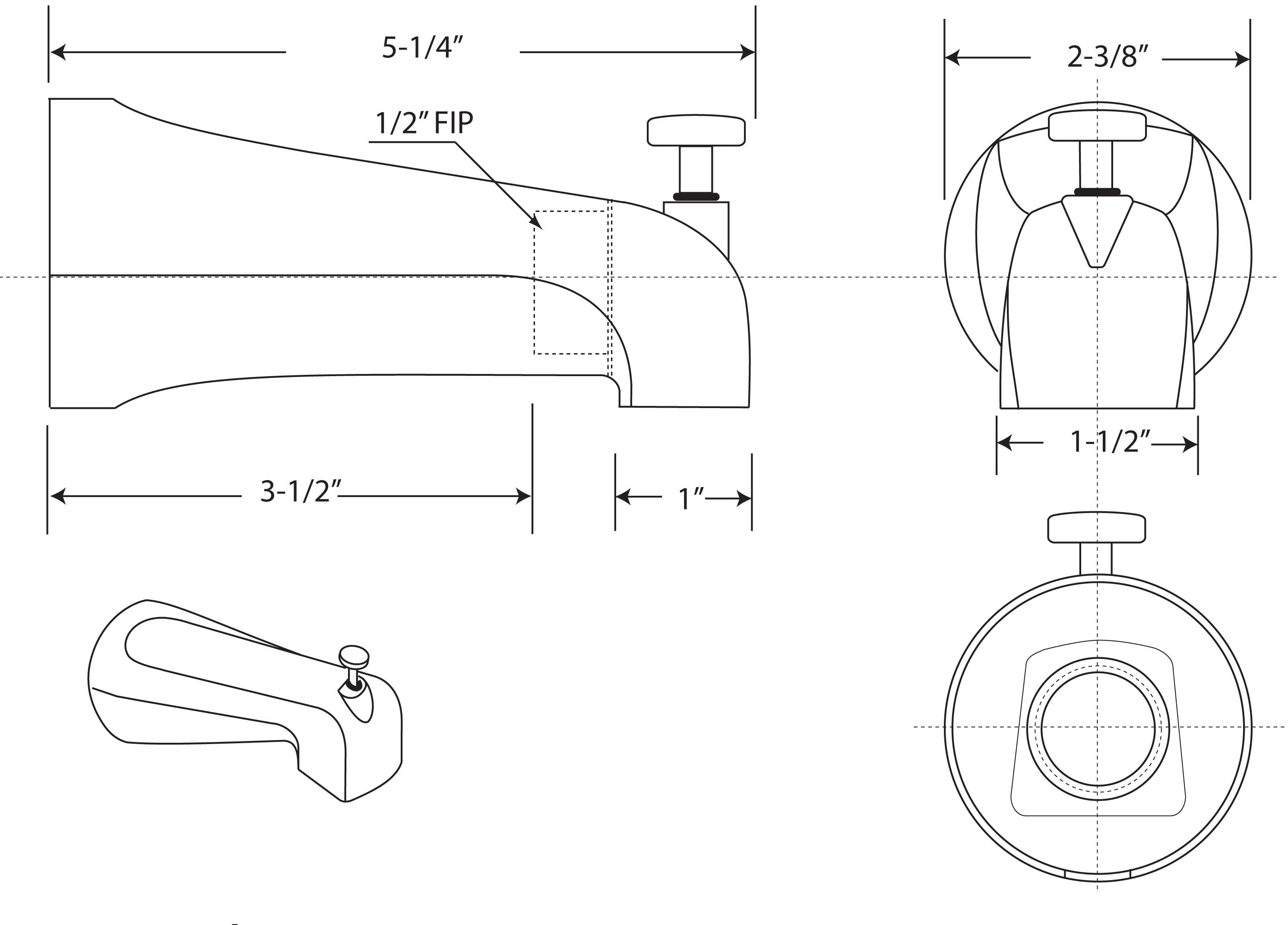 5-1/4" Reach Wall Mount Tub Spout with Front Diverter