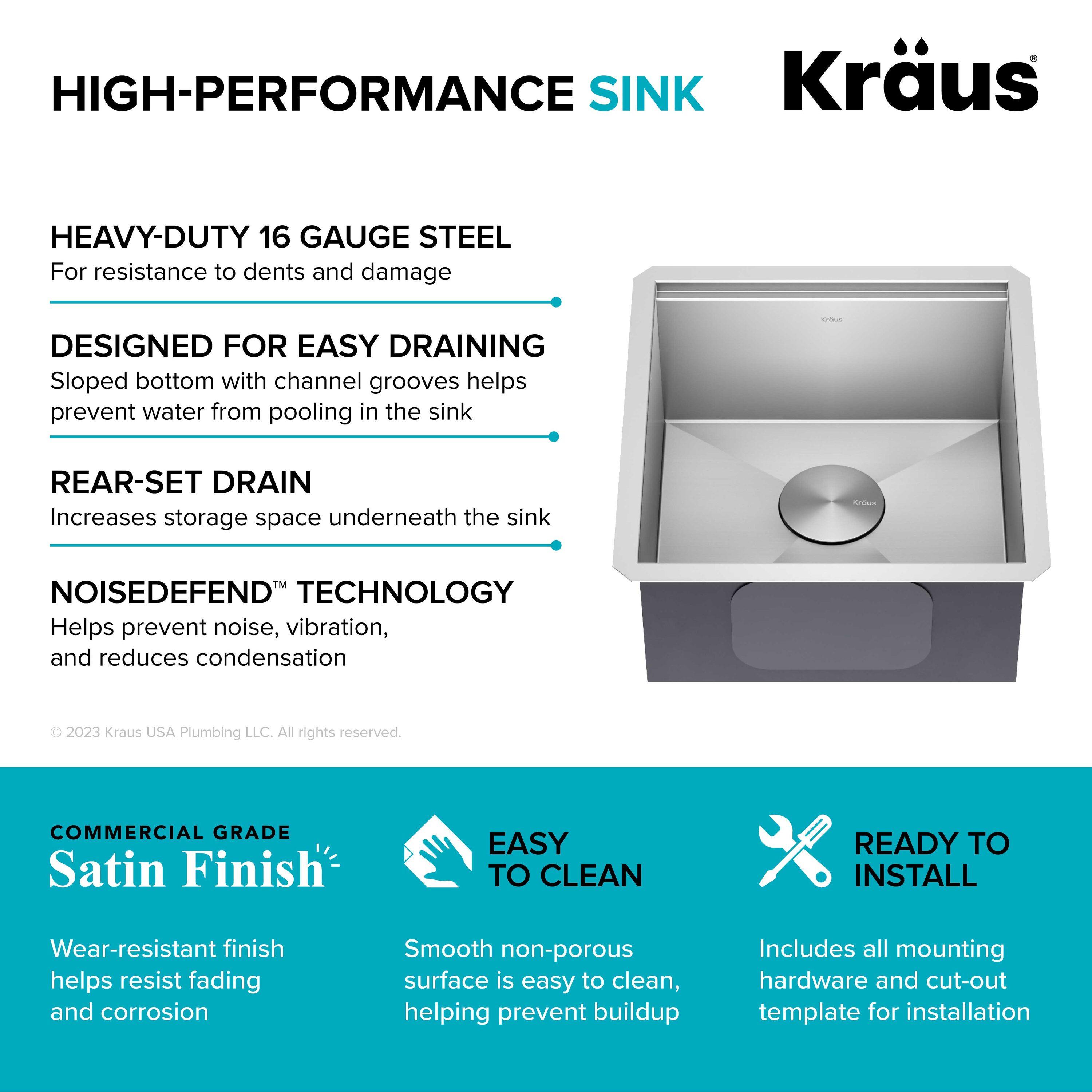 KRAUS Kore™ Workstation 17-inch L Undermount 16 Gauge Single Bowl Stainless Steel Bar Kitchen Sink